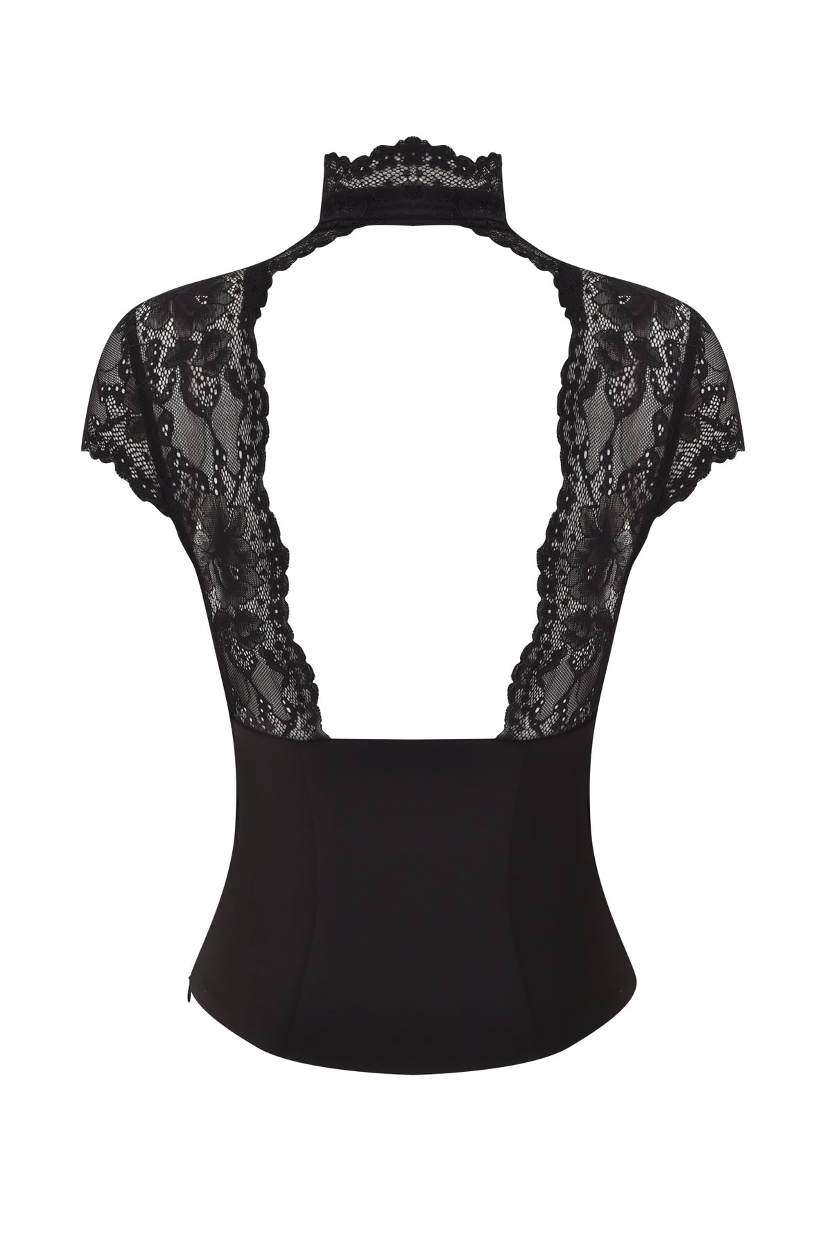 The ANISTON CORSET - BLACK by I.AM.GIA is a black lace bodysuit featuring cap sleeves, an open back, and a high neck collar in sheer floral lace, displayed on a white background.