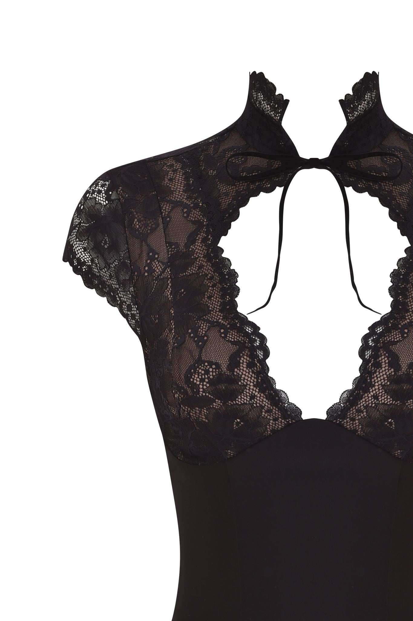 A close-up of the ANISTON CORSET - BLACK by I.AM.GIA, showcasing elegant lace cap sleeves, a high neck collar, a keyhole neckline tied with a small bow, and scalloped sheer floral lace trim along the neckline and sleeves.