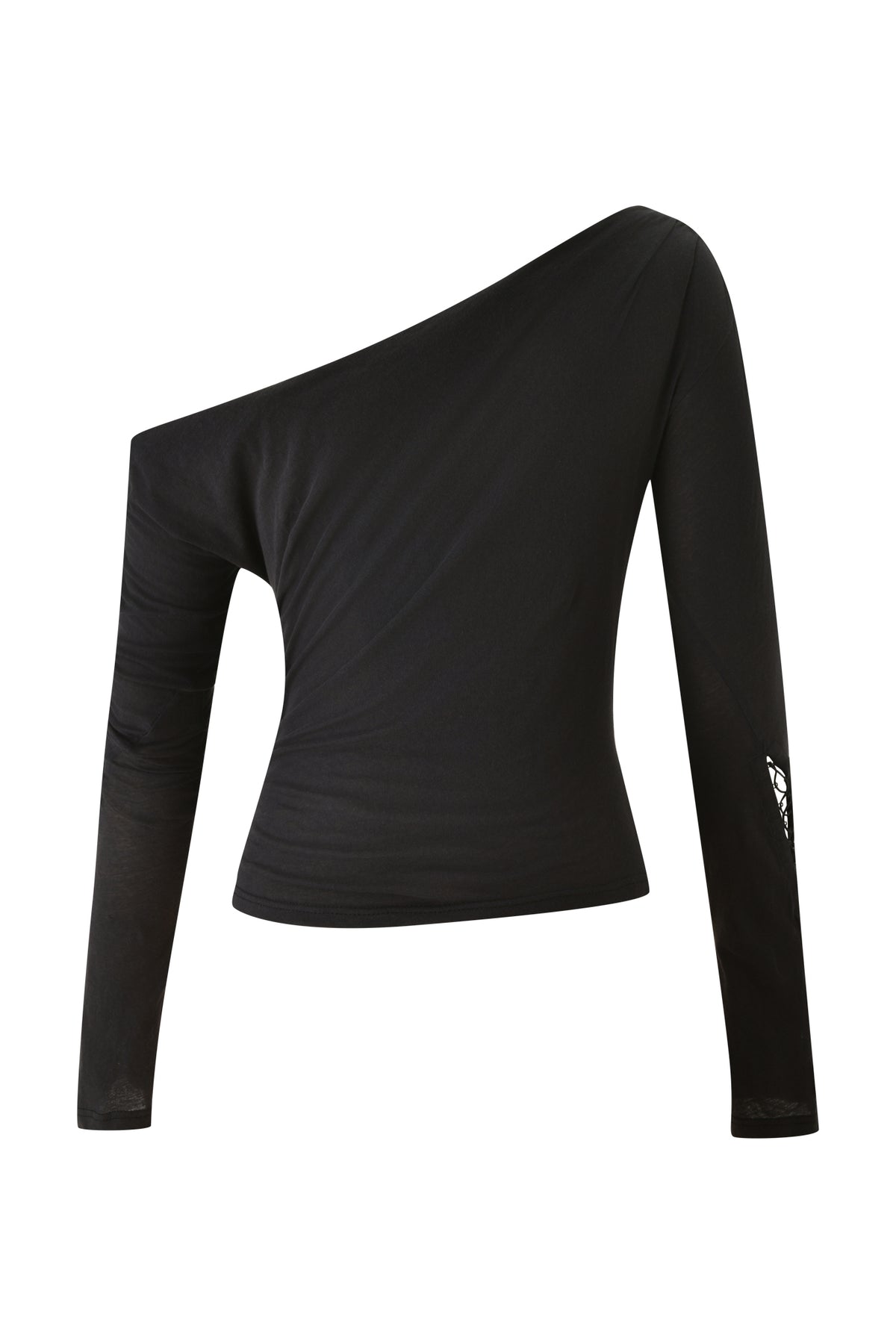 The PRIS TOP - BLACK by I.AM.GIA is showcased against a white background, featuring an asymmetrical, fitted silhouette with long sleeves and a chic off-the-shoulder design on one side.