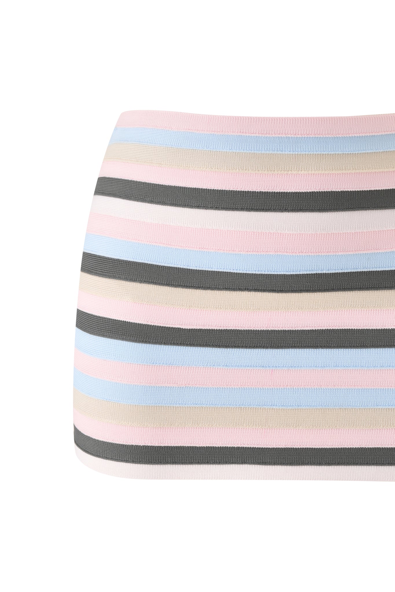 A closeup of the I.AM.GIA NYNA BANDAGE MINI SKIRT - BABY PINK shows its low-rise fit, ribbed texture, and horizontal pastel stripes in pink, blue, beige, white, and gray against a plain white background.