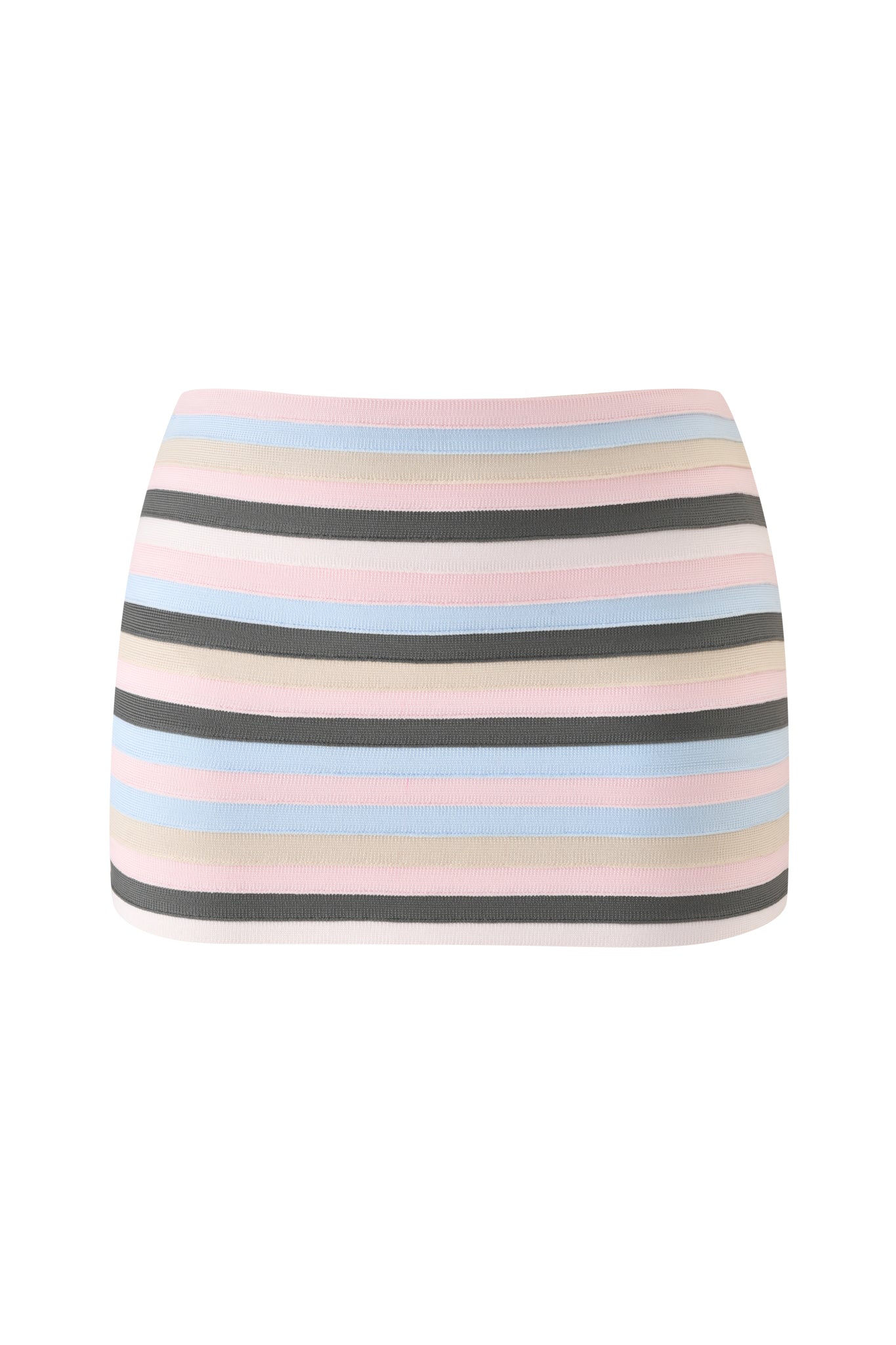 The I.AM.GIA NYNA BANDAGE MINI SKIRT - BABY PINK is a low-rise mini skirt with horizontal stripes in pastel pink, blue, white, and olive green, shown on a plain white background.