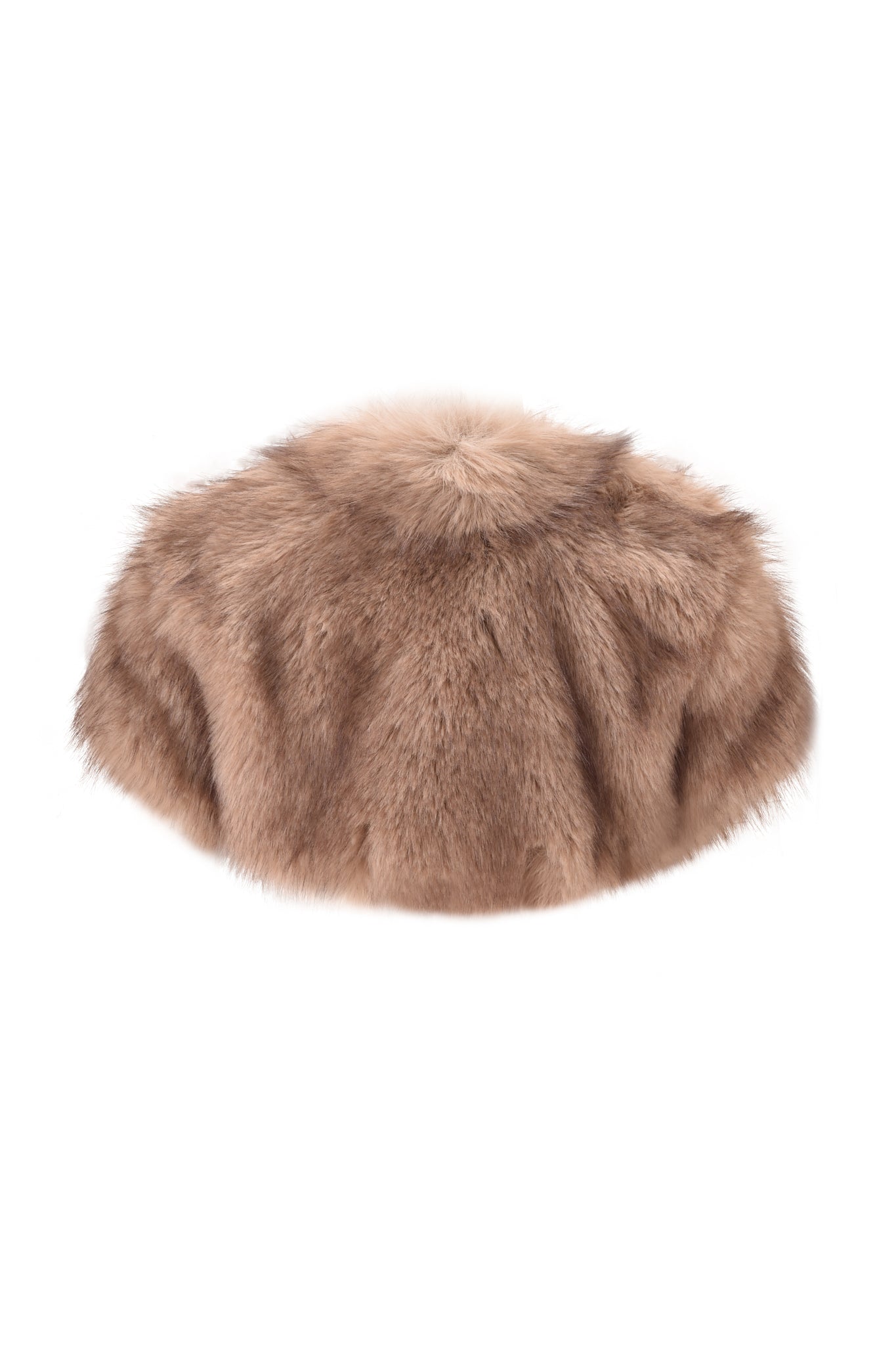 A light brown, fluffy fur beret hat displayed on a white background—perfect for statement layering with your favorite I.AM.GIA ALBA FAUX FUR CAP SLEEVE BOLERO in taupe.