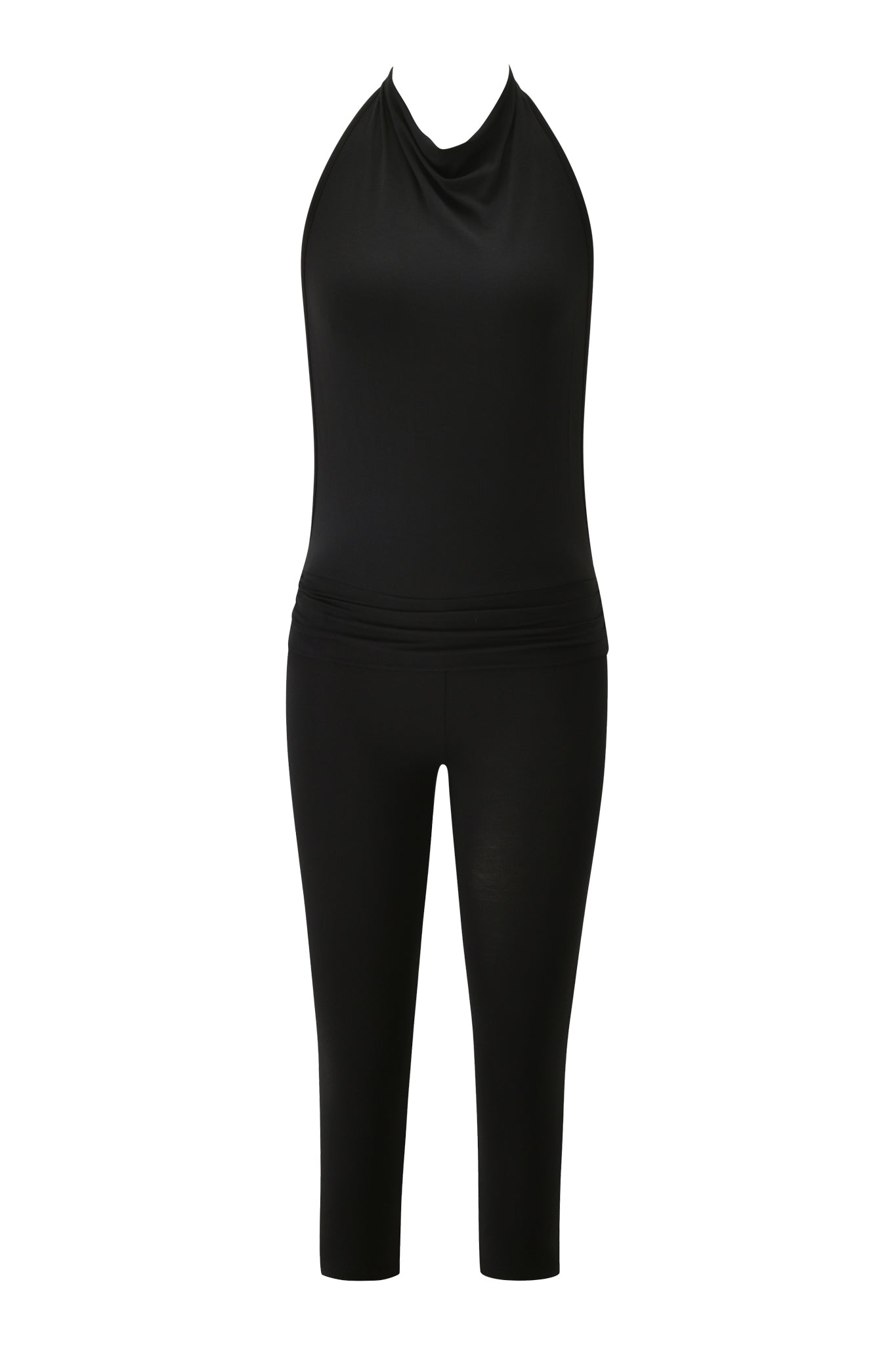 The I.AM.GIA KAIRA JUMPSUIT - BLACK is a sleeveless, halter-neck capri jumpsuit with a cowl neckline, ruched waistband, and fitted cropped legs, shown on a plain white background.