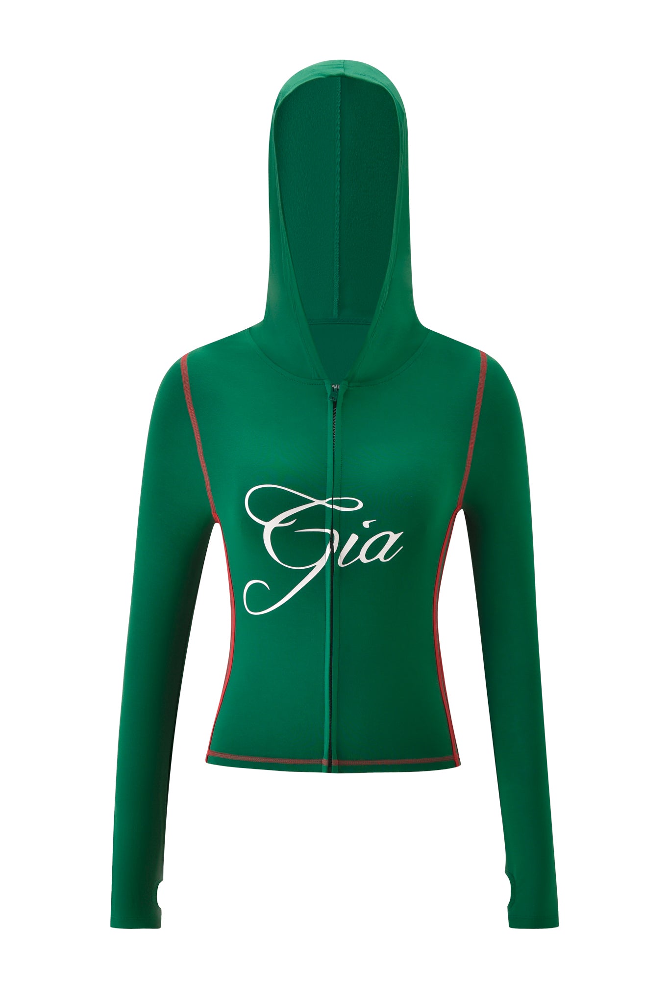 The BLARE SPORT HOODIE AND HEADBAND - GREEN by I.AM.GIA features red piping, long sleeves, and "Gia" in bold white script on the chest, made from buttery-soft fabric and shown on a plain white background.