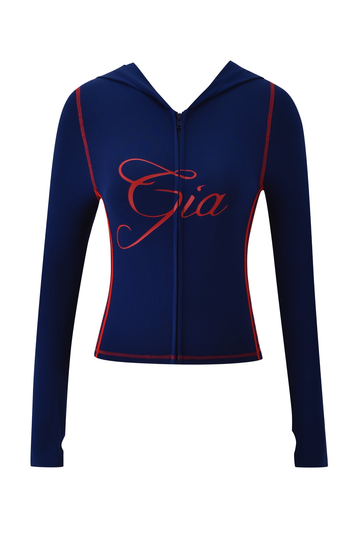 The BLARE SPORT HOODIE AND HEADBAND - NAVY by I.AM.GIA features a navy hoodie with long sleeves, red stitching, and bold "Gia" cursive on buttery-soft fabric. Complete your athletic look with the matching headband.
