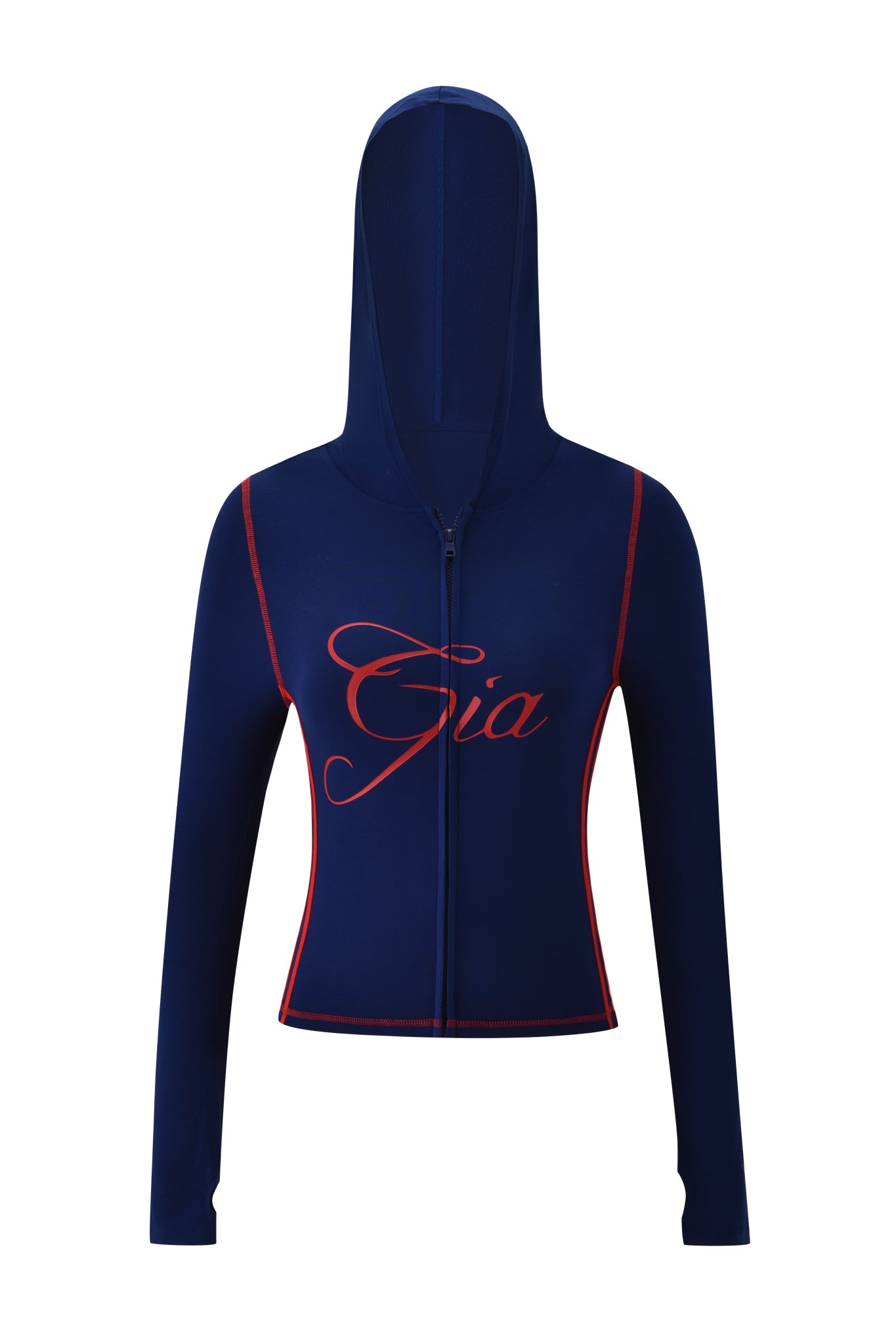 The BLARE SPORT HOODIE AND HEADBAND - NAVY by I.AM.GIA is a buttery-soft, navy cropped hoodie with long sleeves, a front zipper, red stitching, and bold red "Gia" script across the chest.