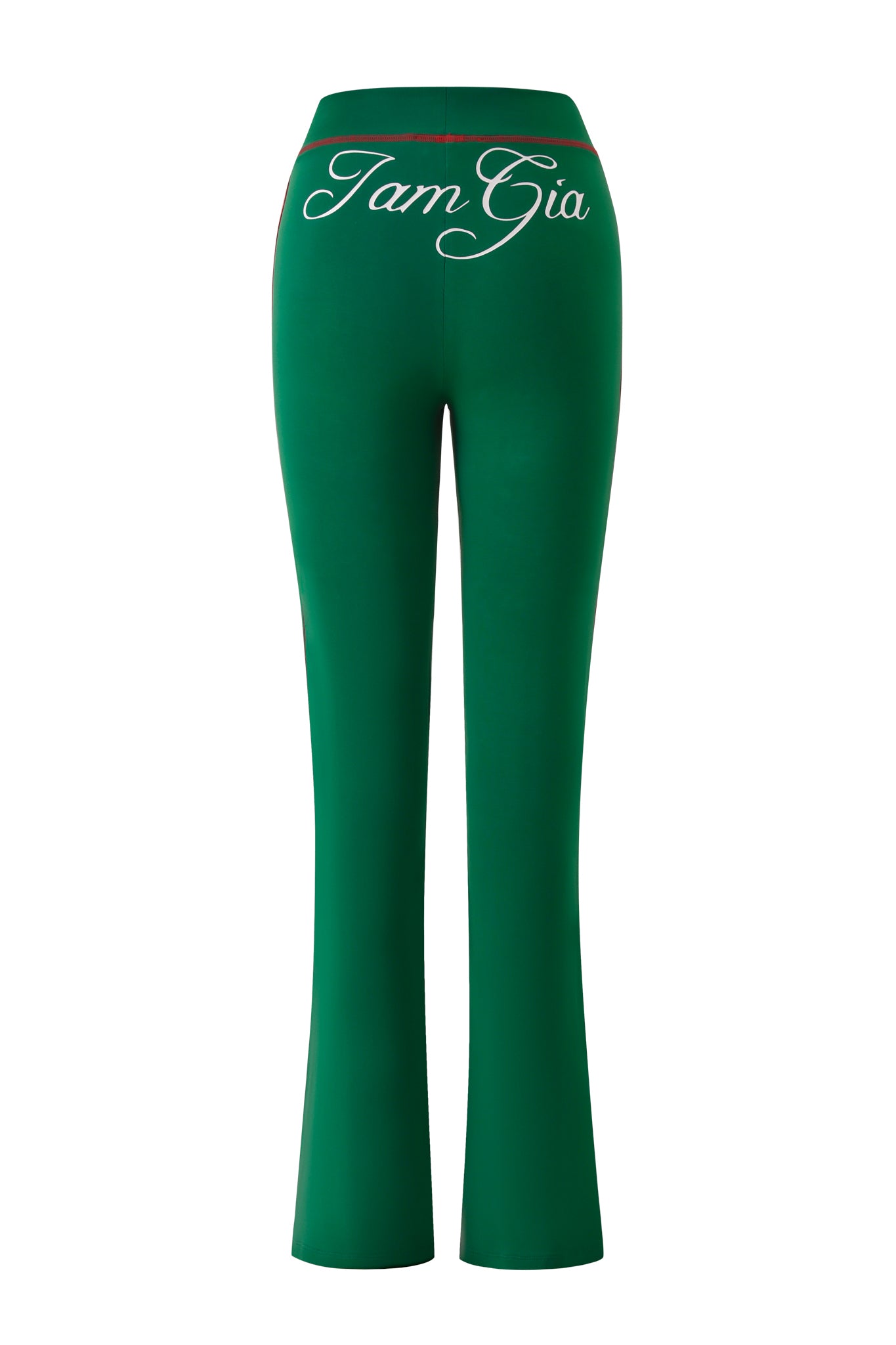 The BLARE SPORT TRACKPANT in green by I.AM.GIA is shown from the back, featuring bold white cursive "I.AM.GIA" lettering across the waistband.