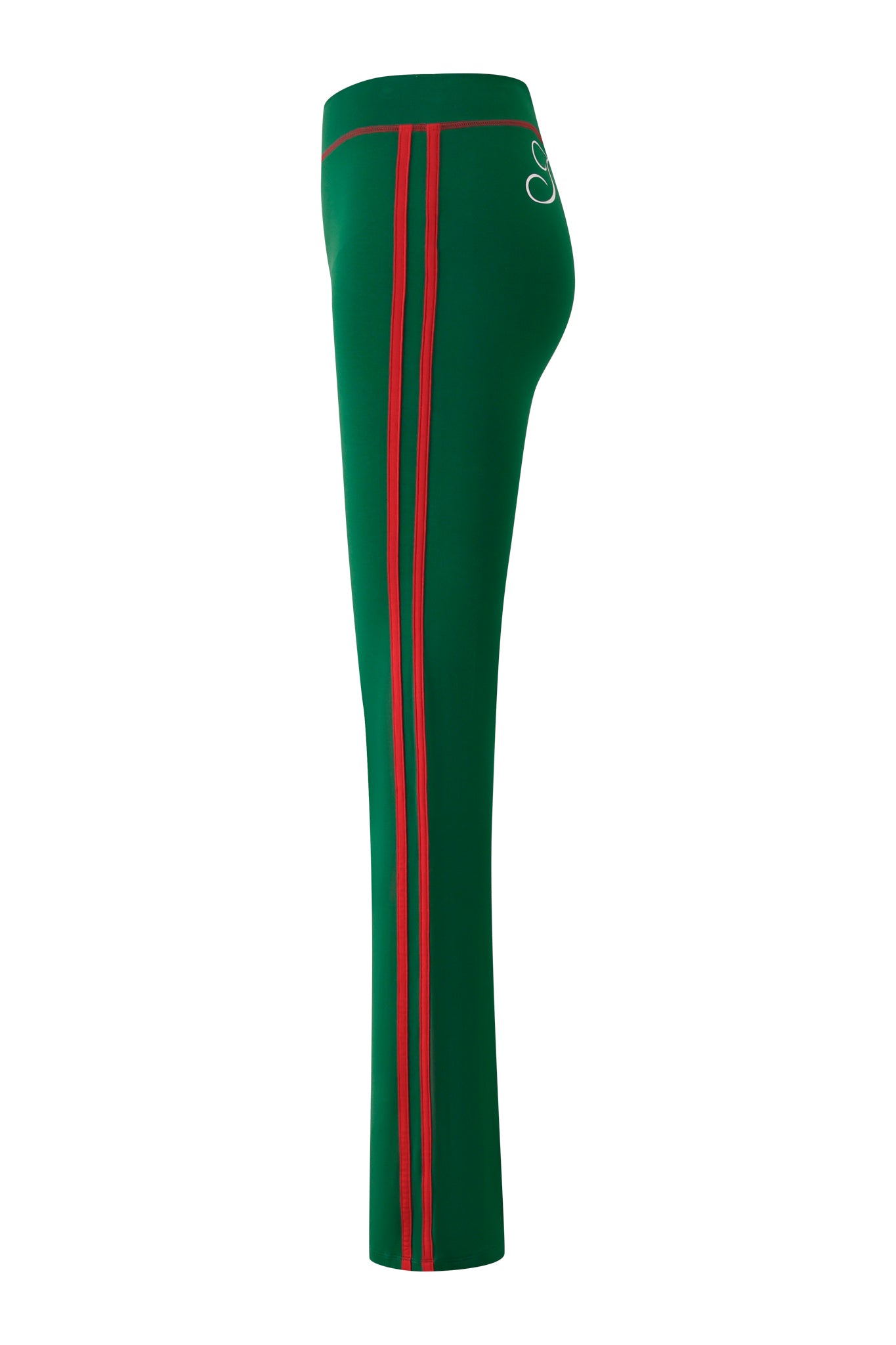 The I.AM.GIA BLARE SPORT TRACKPANT in green features red side stripes, a fitted waist, buttery-soft fabric, and a white logo near the hip for a sleek, comfortable look.
