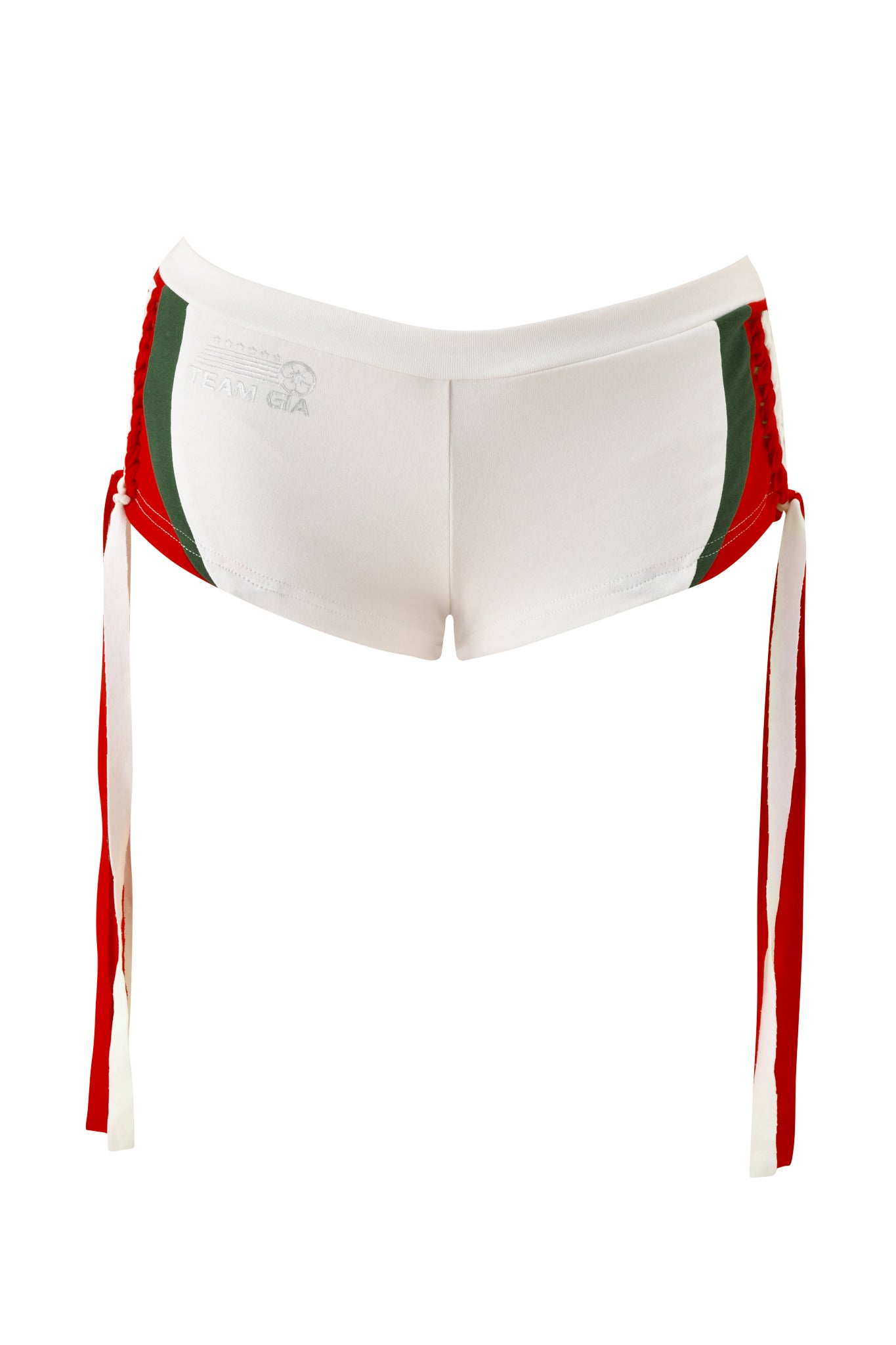 The NOVIA MICRO SPORT SHORT - WHITE by I.AM.GIA features white stretch cotton with green side panels and red drawstring ties on both sides, shown from the back against a plain white background for a sporty, modern look.