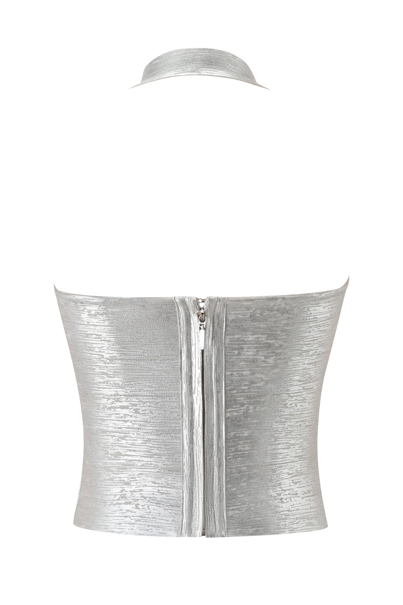 The I.AM.GIA AIDEN PLATINUM BANDAGE TOP - SILVER is a metallic halter top featuring a strapless bodycon fit, visible back zipper, matching choker, and premium knit fabric, shown against a white background.
