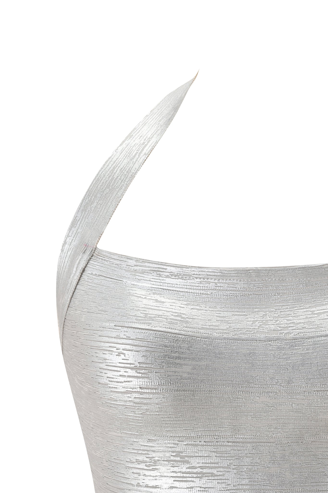 Close-up of the I.AM.GIA AIDEN PLATINUM BANDAGE TOP in silver, featuring premium knit fabrication, an asymmetrical one-shoulder strap, and bodycon bandage details against a plain white background.