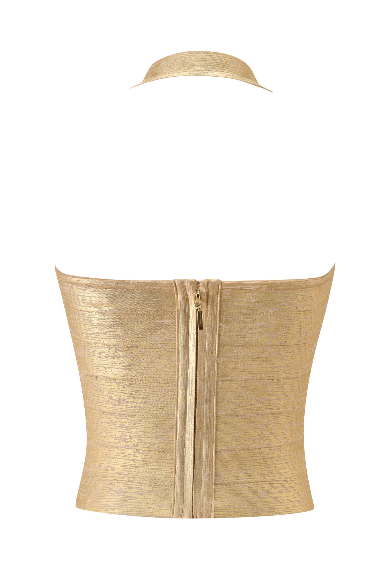 The I.AM.GIA AIDEN PLATINUM BANDAGE TOP - GOLD is a gold strapless metallic corset-style top featuring premium knit, center back zipper, and matching choker, shown on a white background.