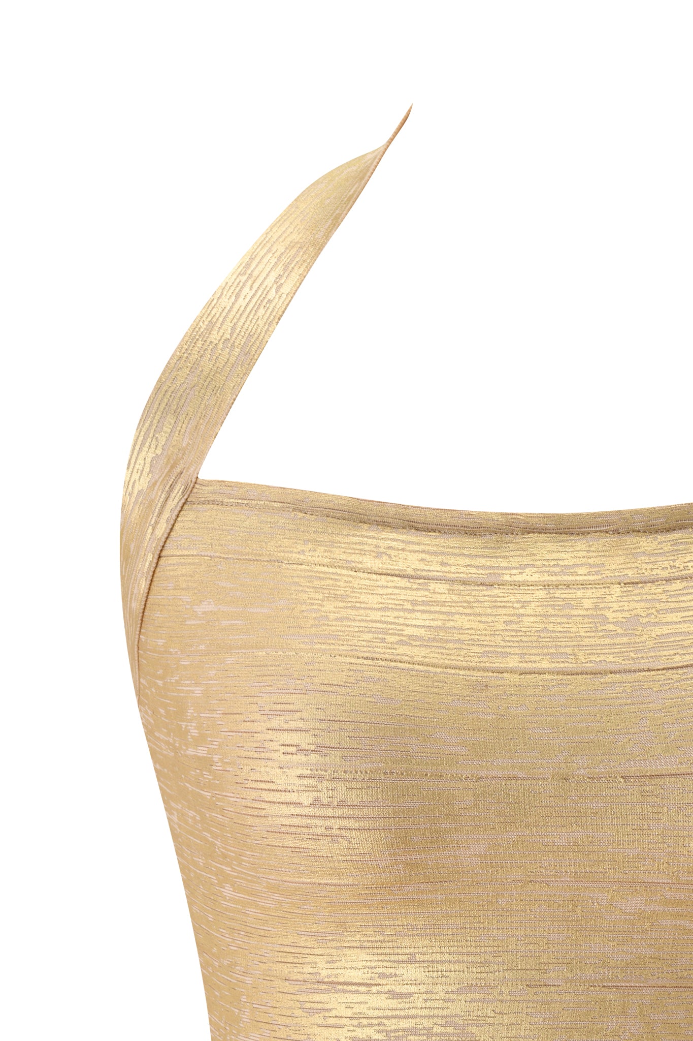 Close-up of the AIDEN PLATINUM BANDAGE TOP in gold by I.AM.GIA, featuring a single shoulder strap and metallic premium knit fabric with a shiny, textured finish, shown against a white background.