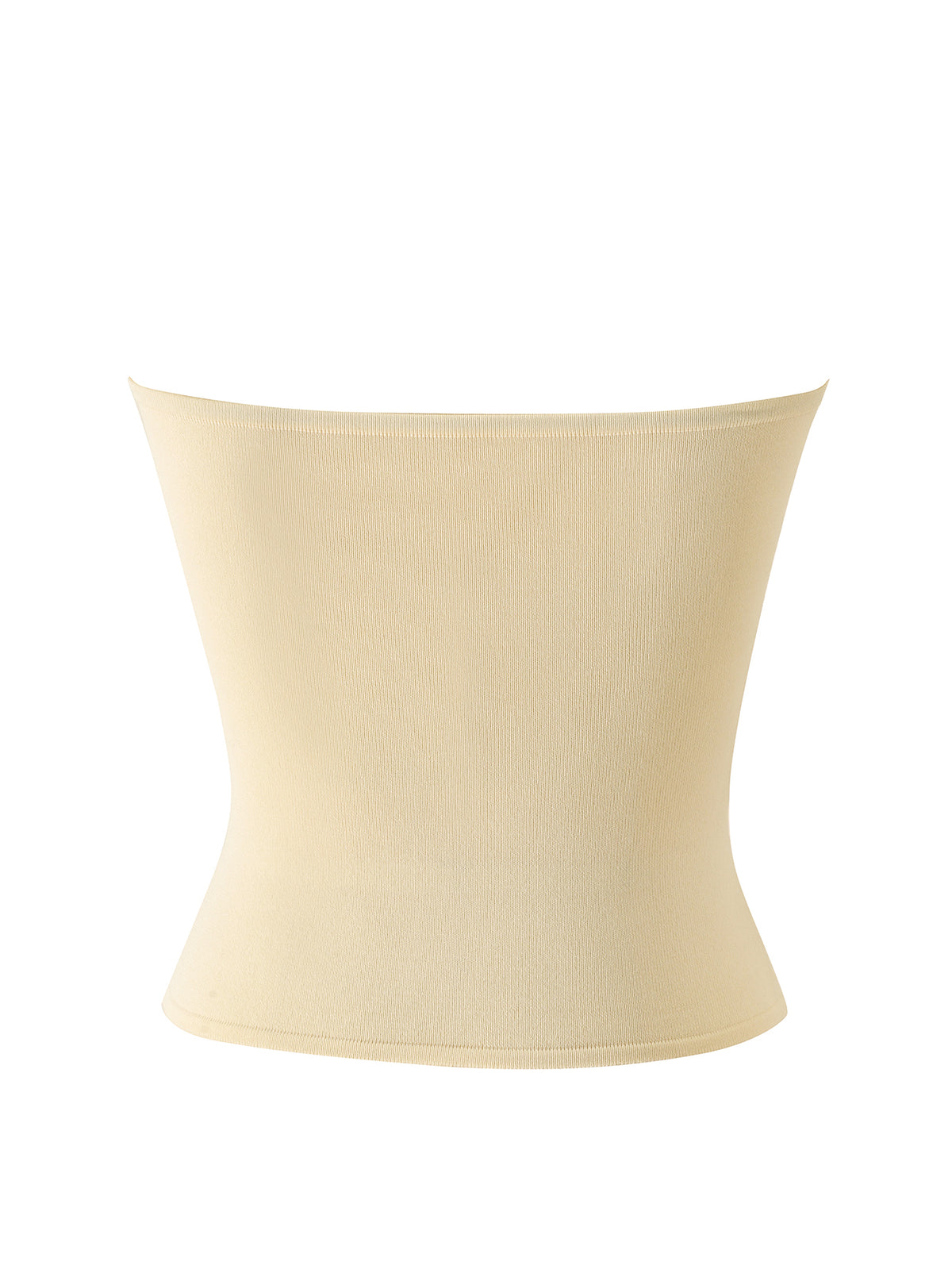 The ZENDAYA KNIT TUBE TOP - CREAM by I.AM.GIA is shown laid flat against a white background, highlighting its smooth knit texture, seamless construction, and gently tapered bodycon silhouette.