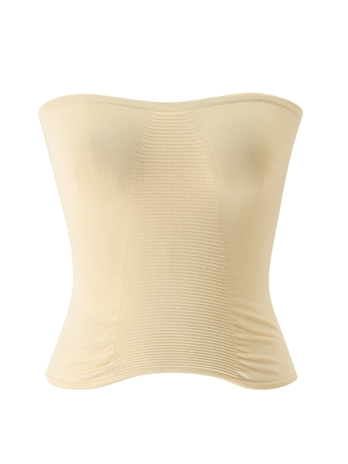 The ZENDAYA KNIT TUBE TOP - CREAM by I.AM.GIA features a strapless, ribbed design in a soft cream shade. Crafted from stretchy fabric, this top creates a flattering, bodycon silhouette that hugs your figure. Shown here against a plain white background.