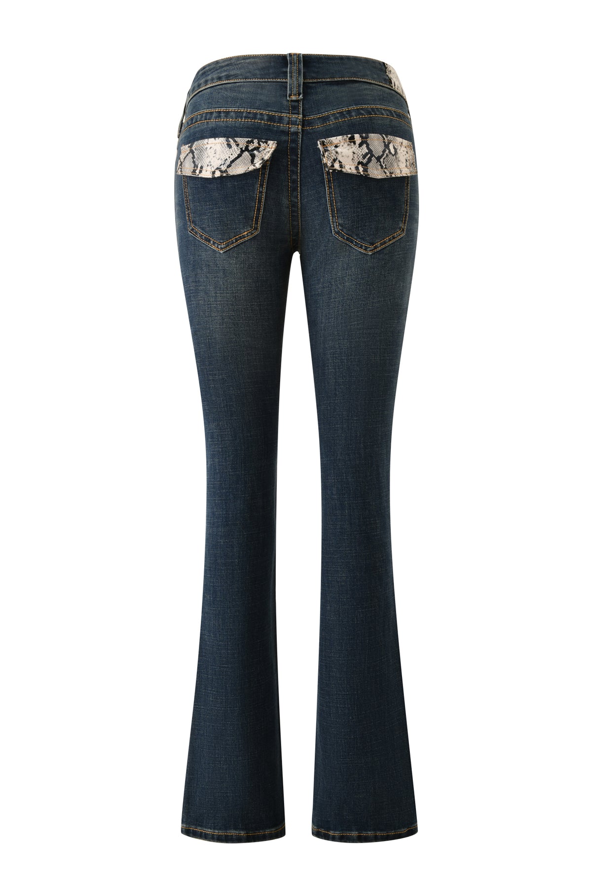 The BIANKA JEAN - BLUE by I.AM.GIA features a slim straight-leg silhouette with snake-print accents on the back pockets and waistband, brown stitching, and subtle fading on the legs.