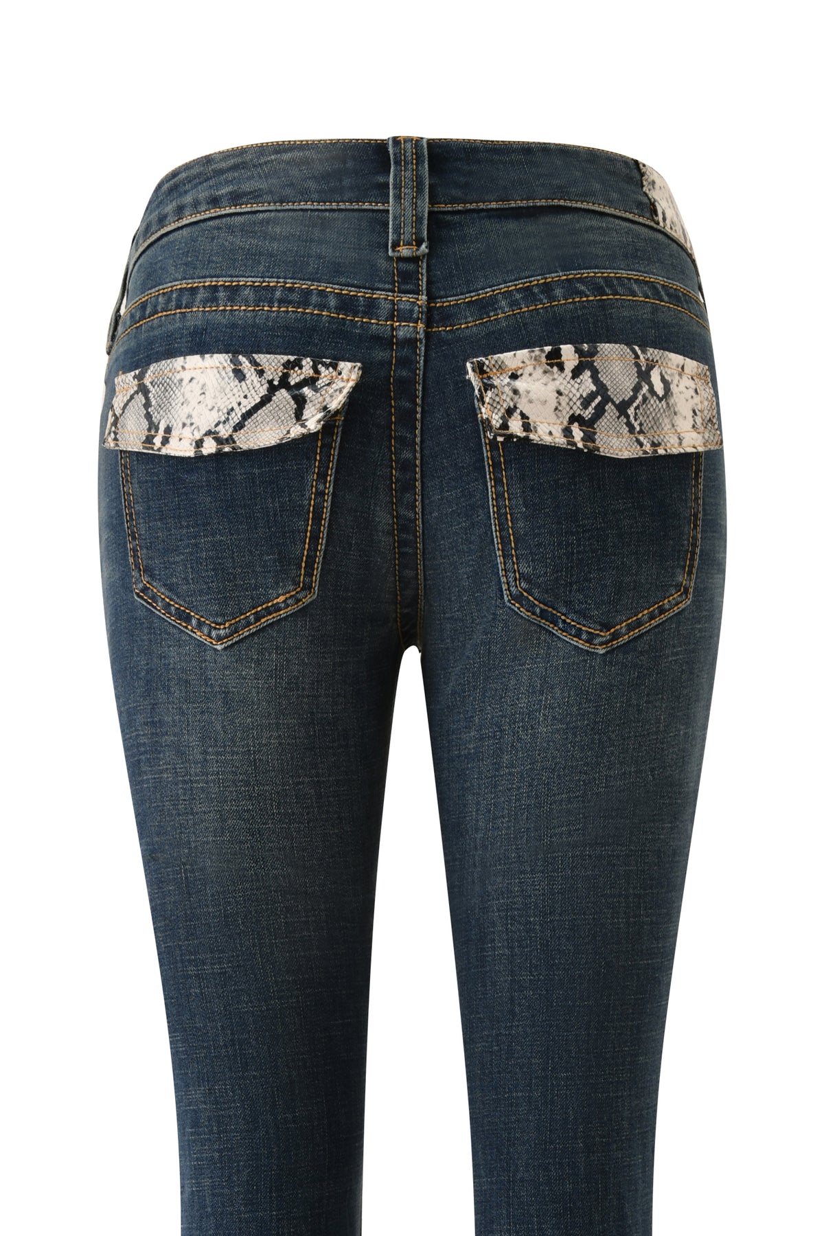 Back view of the I.AM.GIA BIANKA JEAN - BLUE, featuring slim straight-leg blue denim with snake print accents on the pocket flaps, yellow stitching, and a fitted silhouette against a white background.