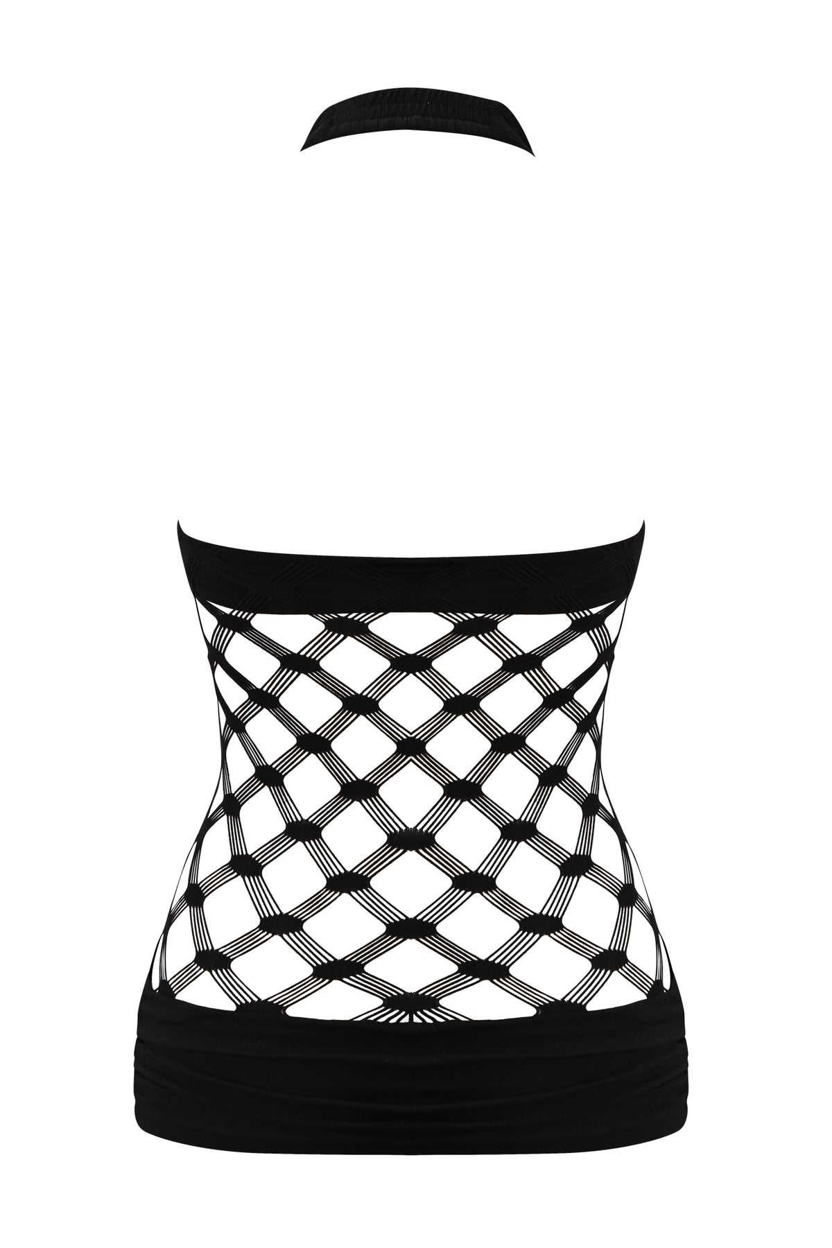 Black ZOREEN TOP - BLACK halter top in bamboo viscose jersey, featuring a wide-knit fishnet midsection and solid bands at the neck, chest, and hem.