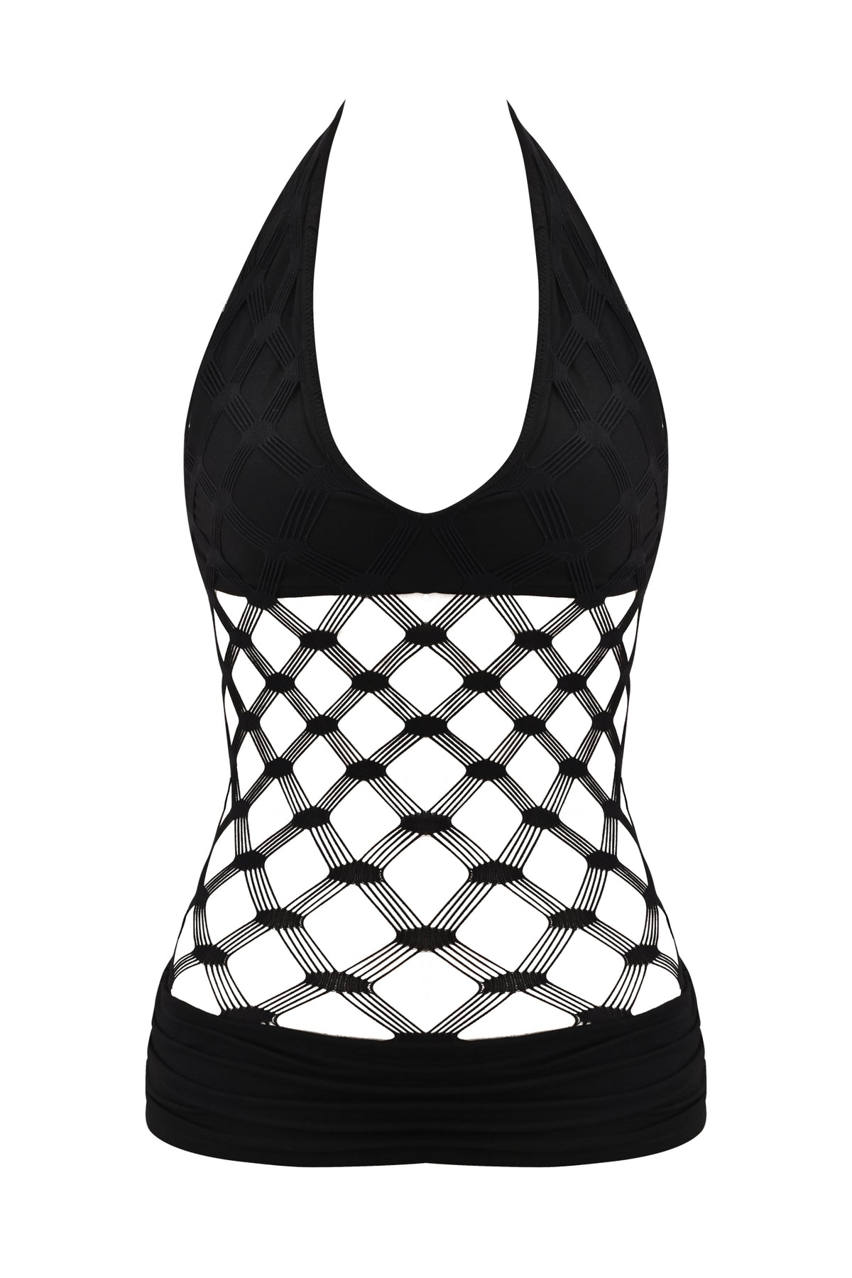 Black ZOREEN TOP Midi Dress featuring a halter top with a diamond-patterned cutout midsection crafted from bamboo viscose jersey.