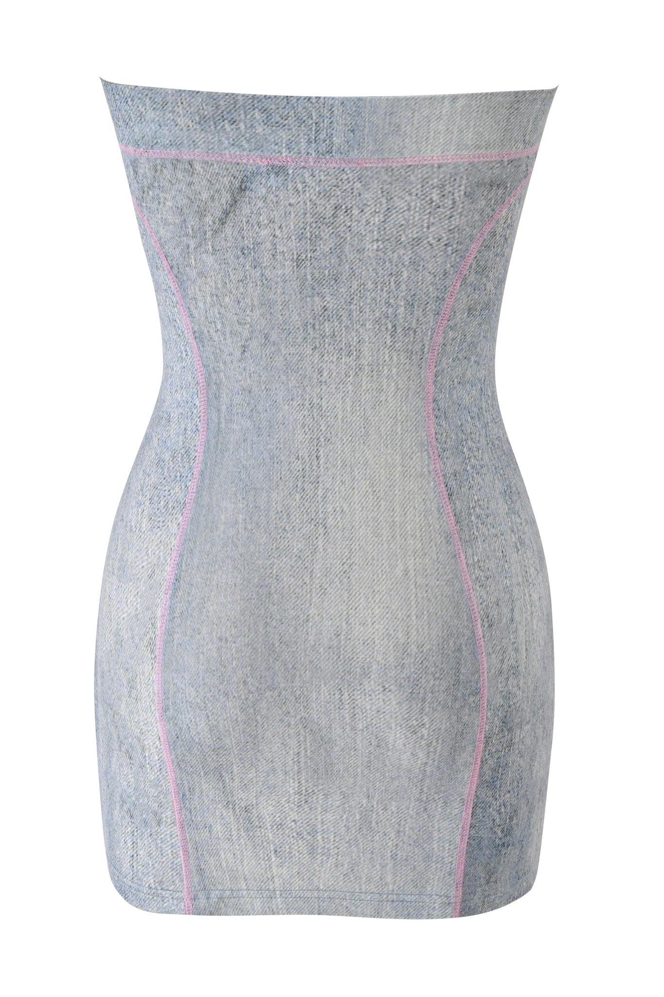 The I.AM.GIA BLARE TUBE MINI DRESS - DENIM TROMPE L'OEIL is a light blue, fitted denim mini dress with pink seam stitching, shown against a white background.