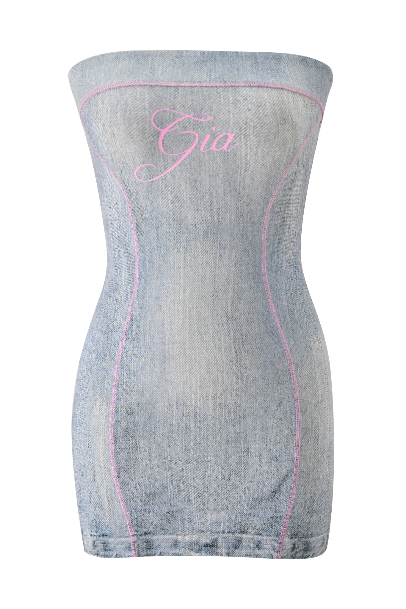 The I.AM.GIA BLARE TUBE MINI DRESS in Denim Trompe L’oeil is a strapless, form-fitting denim mini with pink seams and "Gia" embroidered in pink script across the chest for a standout look.
