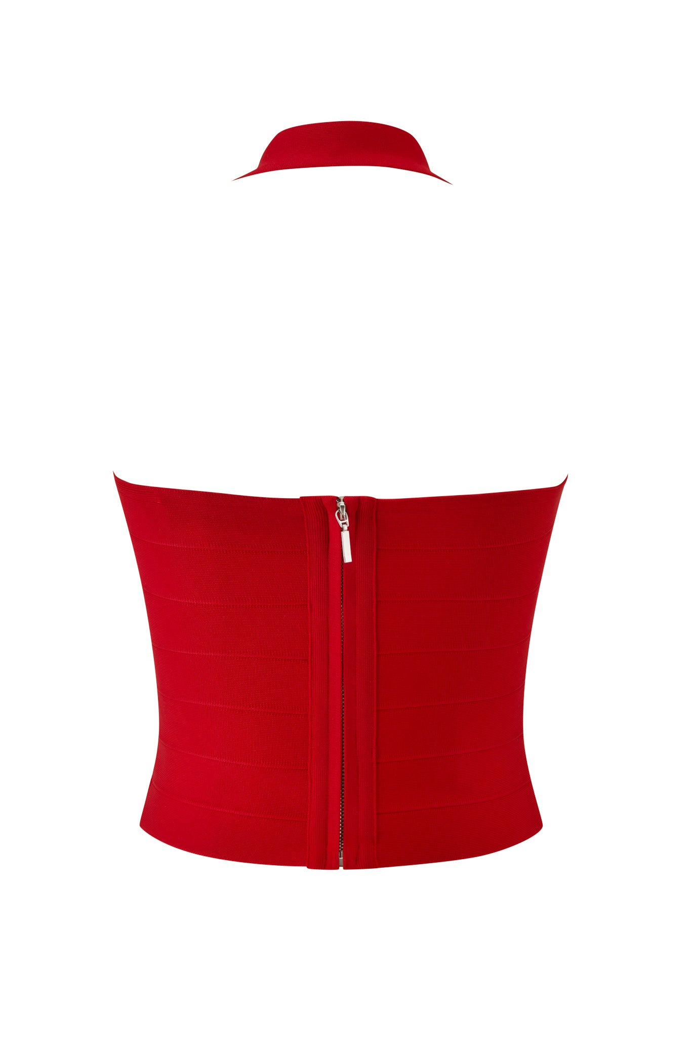 The AIDEN BANDAGE TOP - RED by I.AM.GIA is a sleeveless, fitted halter top made from premium heavyweight knit with a back zipper, shown against a white background.