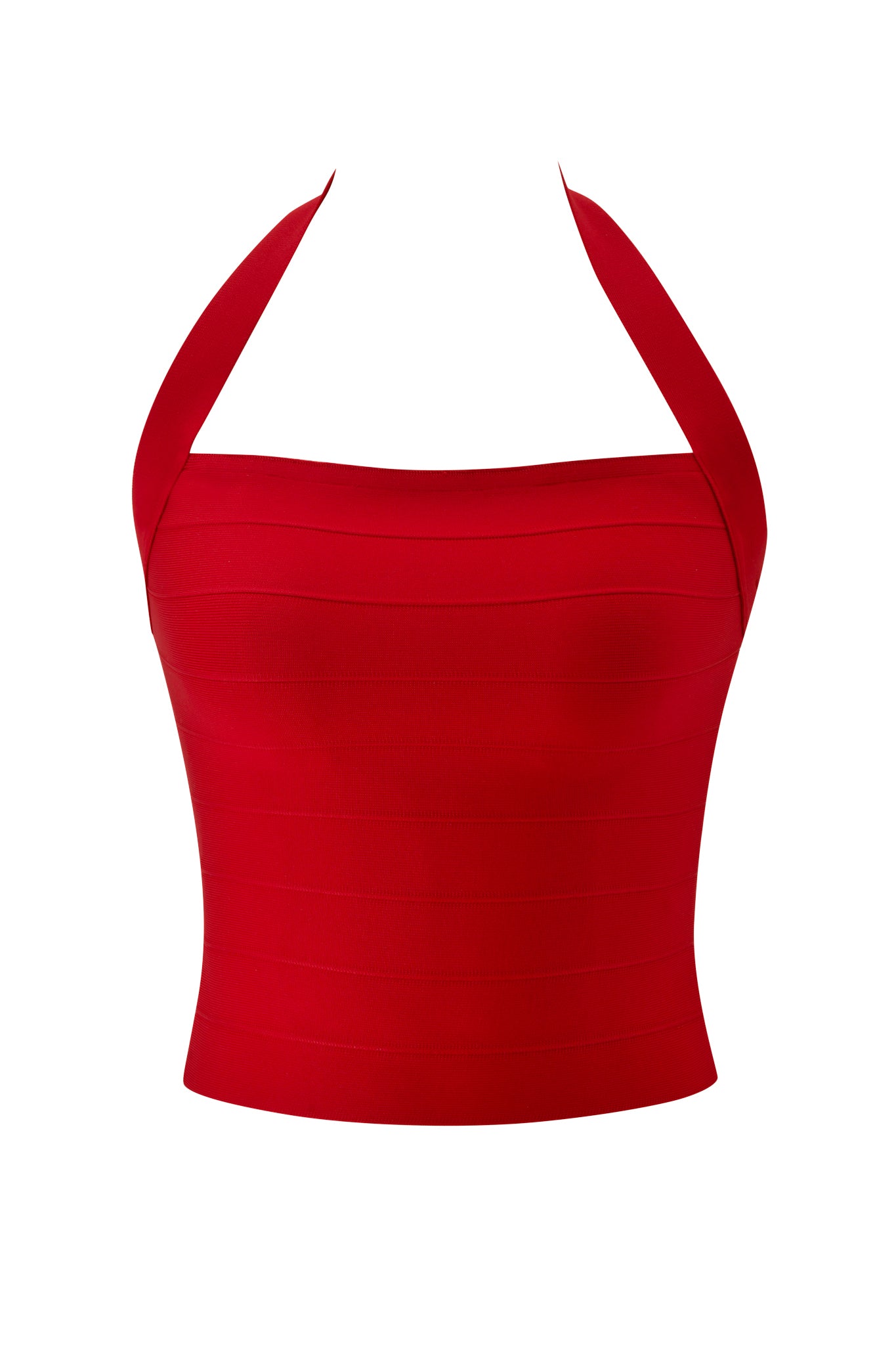 The I.AM.GIA AIDEN BANDAGE TOP - RED is a sleeveless, bodycon halter top crafted from premium heavyweight knit, shown against a plain white background.