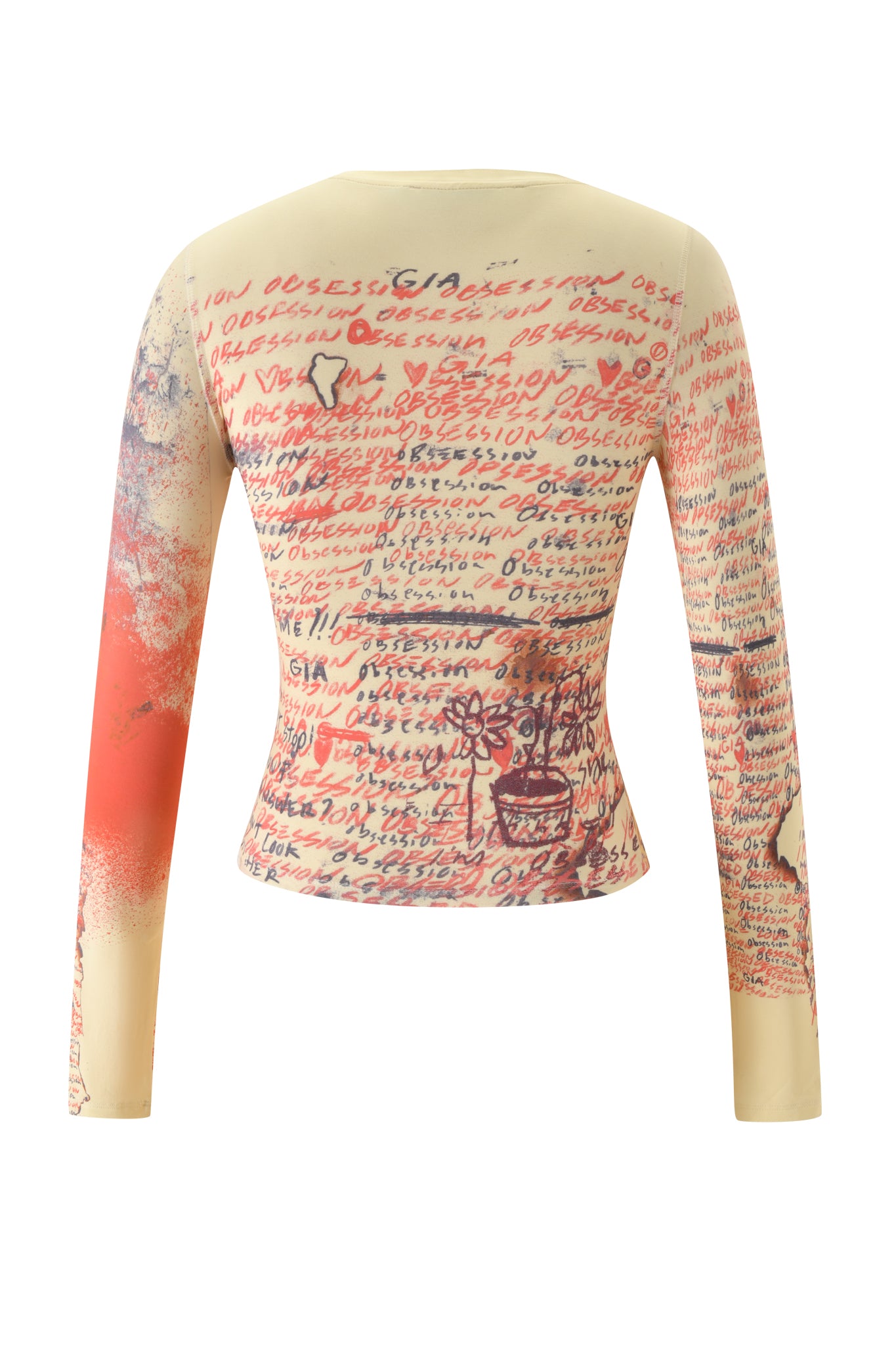 Introducing the I.AM.GIA T-REX BLARE 2.0 LONG SLEEVE TEE in yellow—a striking graphic print top featuring eye-catching red handwritten text and abstract doodles, such as flowers and small sketches, that embellish the back and sleeves. This long-sleeve tee offers a unique artistic touch with its captivating details.