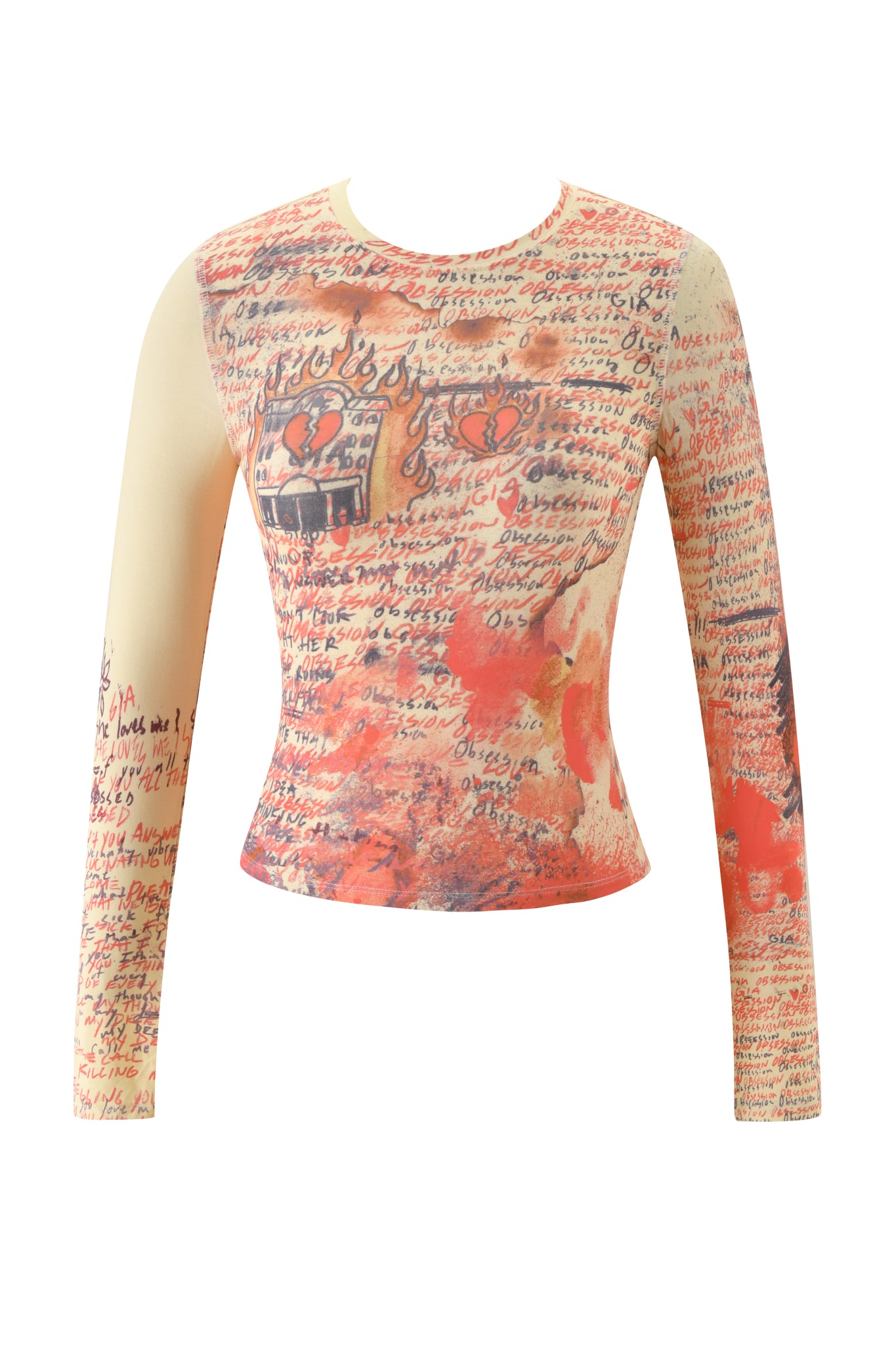 The I.AM.GIA T-REX BLARE 2.0 LONG SLEEVE TEE in yellow features a bodycon fit and a graphic print with handwritten text and red illustrations, incorporating heart and fire motifs for an artistic, expressive look.