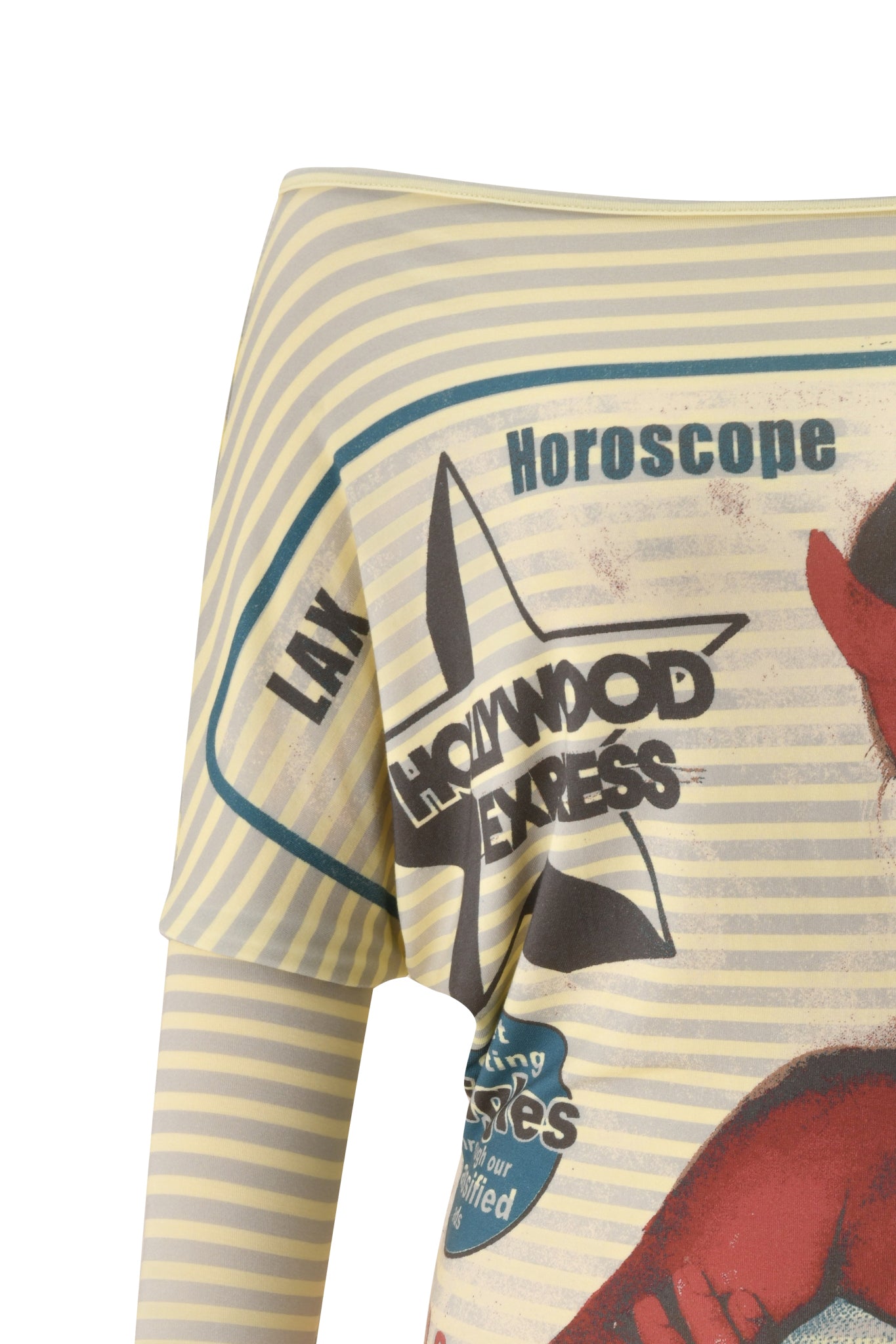 A close-up of the I.AM.GIA T-REX GISELLE OFF SHOULDER MINI DRESS in yellow, featuring gray and yellow stripes, a batwing silhouette, partial print details with the words “LAX,” “Horoscope,” and “Hollywood Express,” and a bold star graphic reminiscent of an iconic I.AM.GIA design.