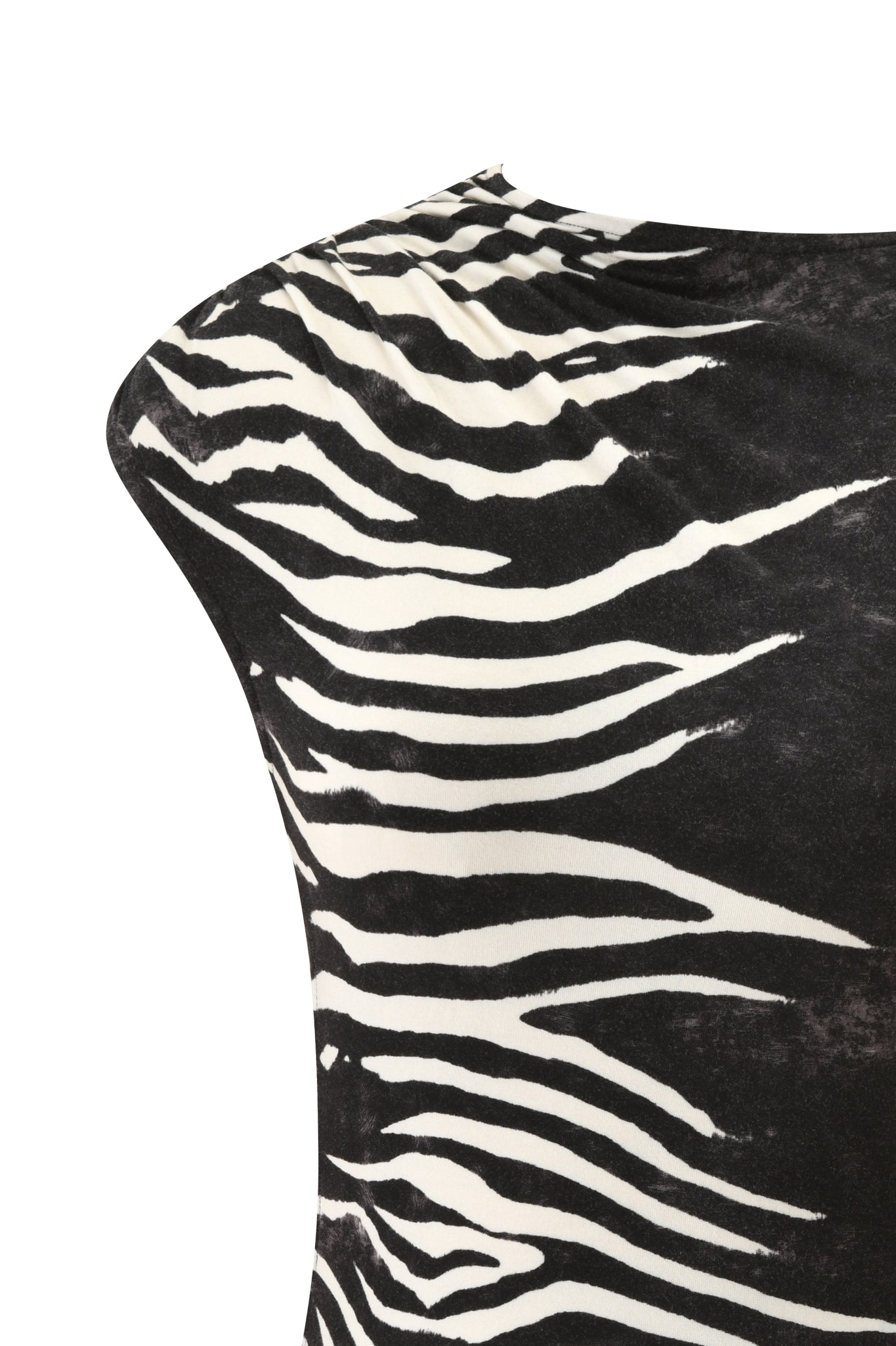 Close-up of the I.AM.GIA ELIANA MINI DRESS - BLACK WILD SIDE, showcasing its sleeveless design and bold black and white zebra stripes against a plain white background.