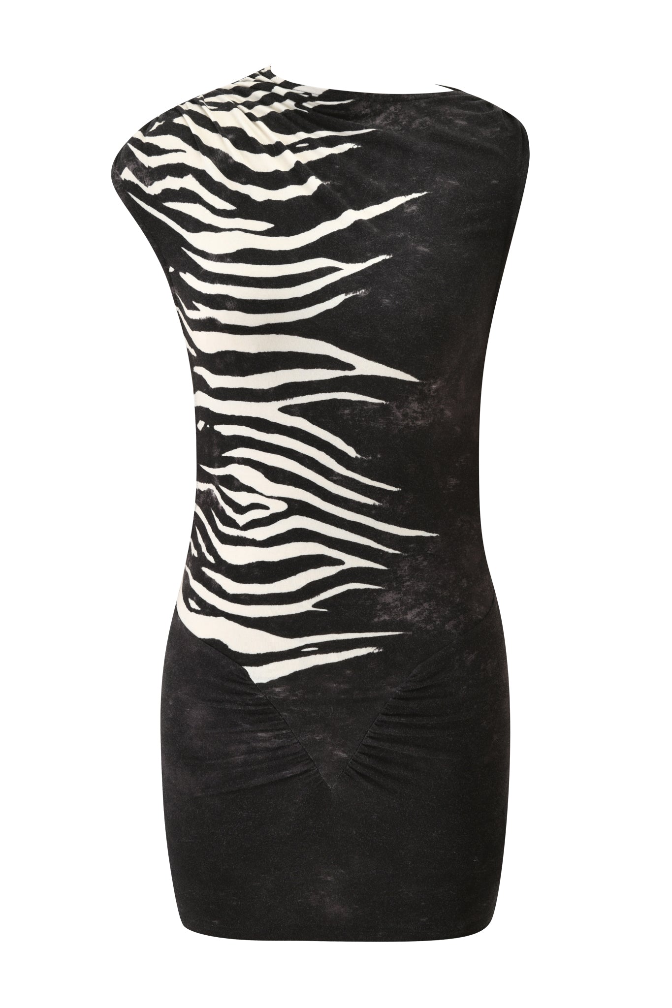 Introducing the ELIANA MINI DRESS - BLACK WILD SIDE by I.AM.GIA: a sleeveless mini dress with an asymmetrical silhouette, featuring bold white stripes across one shoulder and side for a striking black-and-white zebra print contrast.