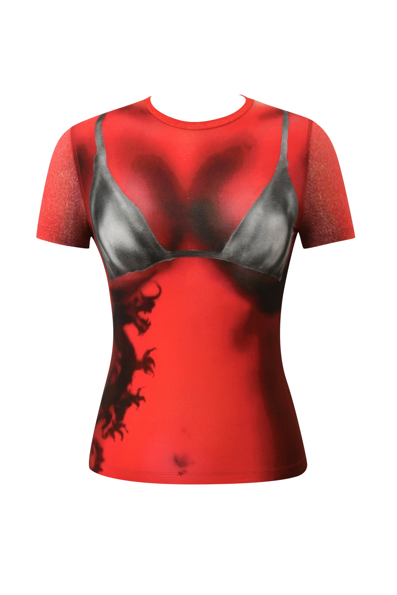 The I.AM.GIA T-REX SPRAY BIKINI BLARE TEE in red is a short-sleeve top featuring a bold black bra graphic and a dark abstract pattern on the lower right, making it an ideal festival graphic tee or a standout Y2K-inspired piece.