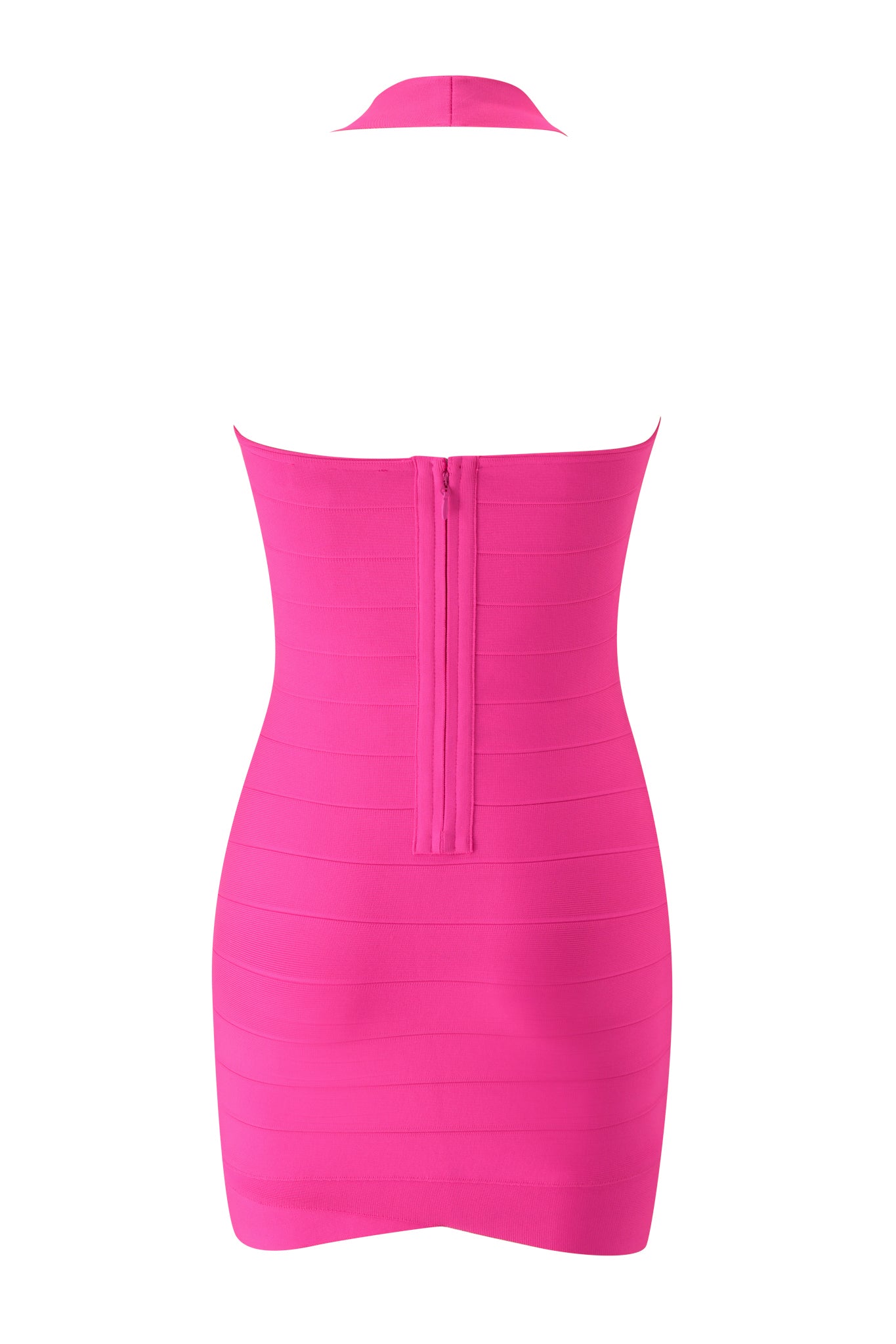 Showcased against a white background, the ROSELLA BANDAGE MINI DRESS by I.AM.GIA features a vibrant neon pink hue and a strapless, form-fitting silhouette. The back view reveals a visible center zipper running down the mini dress, while the sweetheart neckline and sleek bandage construction emphasize its bold and striking design.