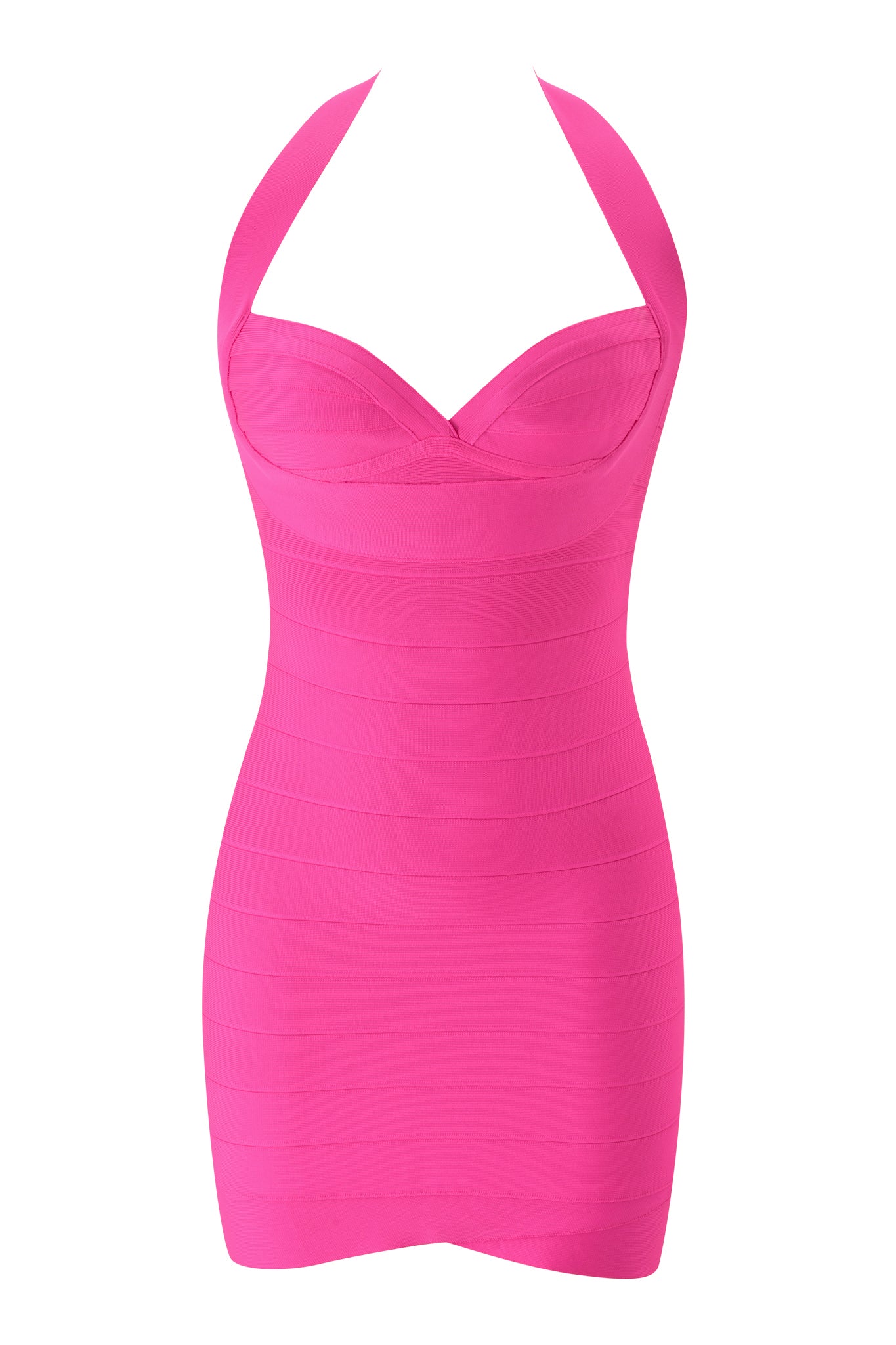 The I.AM.GIA ROSELLA BANDAGE MINI DRESS in neon pink is showcased against a plain white background. Featuring a halter neck, sweetheart neckline, and horizontal bandage-style lines, this vibrant mini dress hugs the figure for a bold, modern look.
