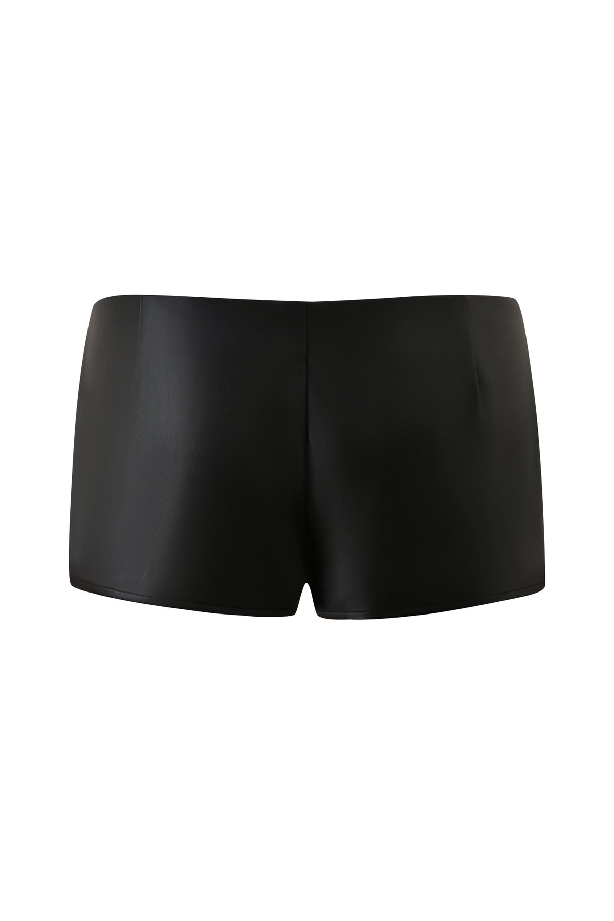 Sleek and form-fitting, the I.AM.GIA KESHA MICRO SKORT in black is displayed from the front against a plain white background—channeling a modern, streamlined silhouette reminiscent of swim trunks or boxer briefs.