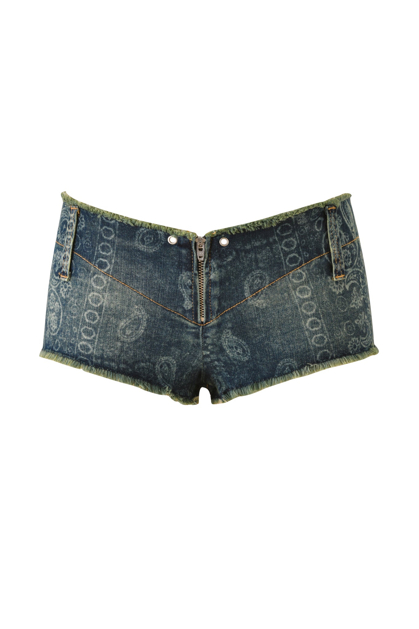 The I.AM.GIA T-REX VEXA MICRO SHORT - BLUE BANDANA features blue denim in a bold bandana paisley print, with a frayed hem, front zipper, and ultra low-rise fit. The shorts are laid flat on a white background, facing forward to highlight the pocket accents and meticulous stitching.