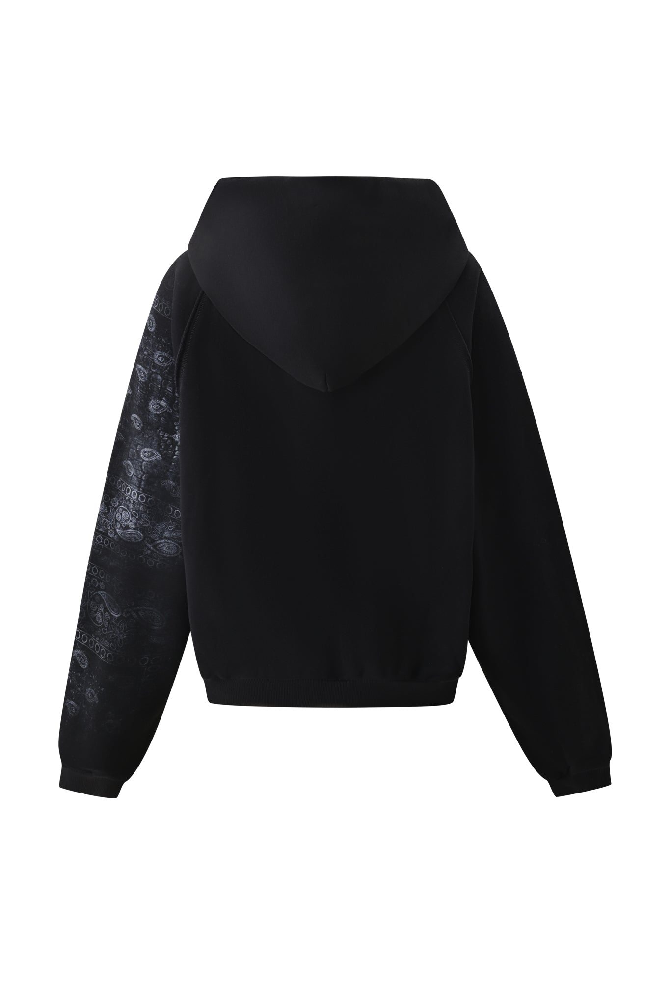 The T-REX ZIP THRU HOODIE - BLACK BANDANA by I.AM.GIA is pictured from the back, showcasing one sleeve adorned with a subtle, dark bandana pattern while the rest remains solid black. With its hood up and ribbed hem and cuffs, this hoodie delivers an effortlessly cool street style look.