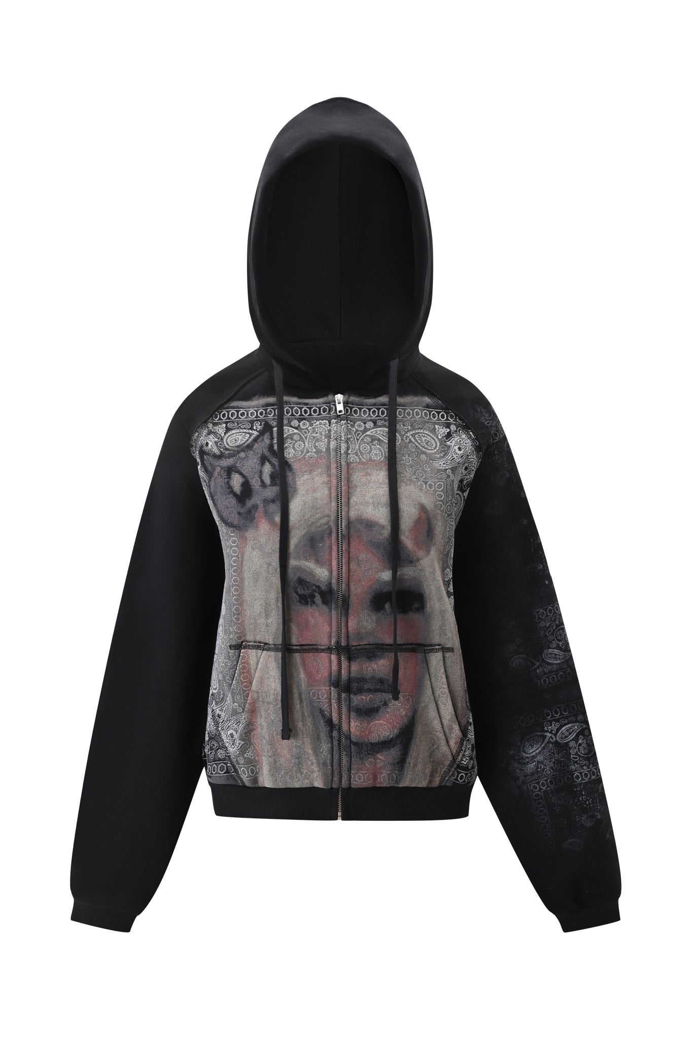 T-REX ZIP THRU HOODIE - BLACK BANDANA by I.AM.GIA: A black zip-up hoodie showcasing a front print of a stylized face with horns, faded accents, and decorative patterns. Featuring the hood up and solid black sleeves and sides, this street style piece delivers bold urban energy and a distinctly modern look.