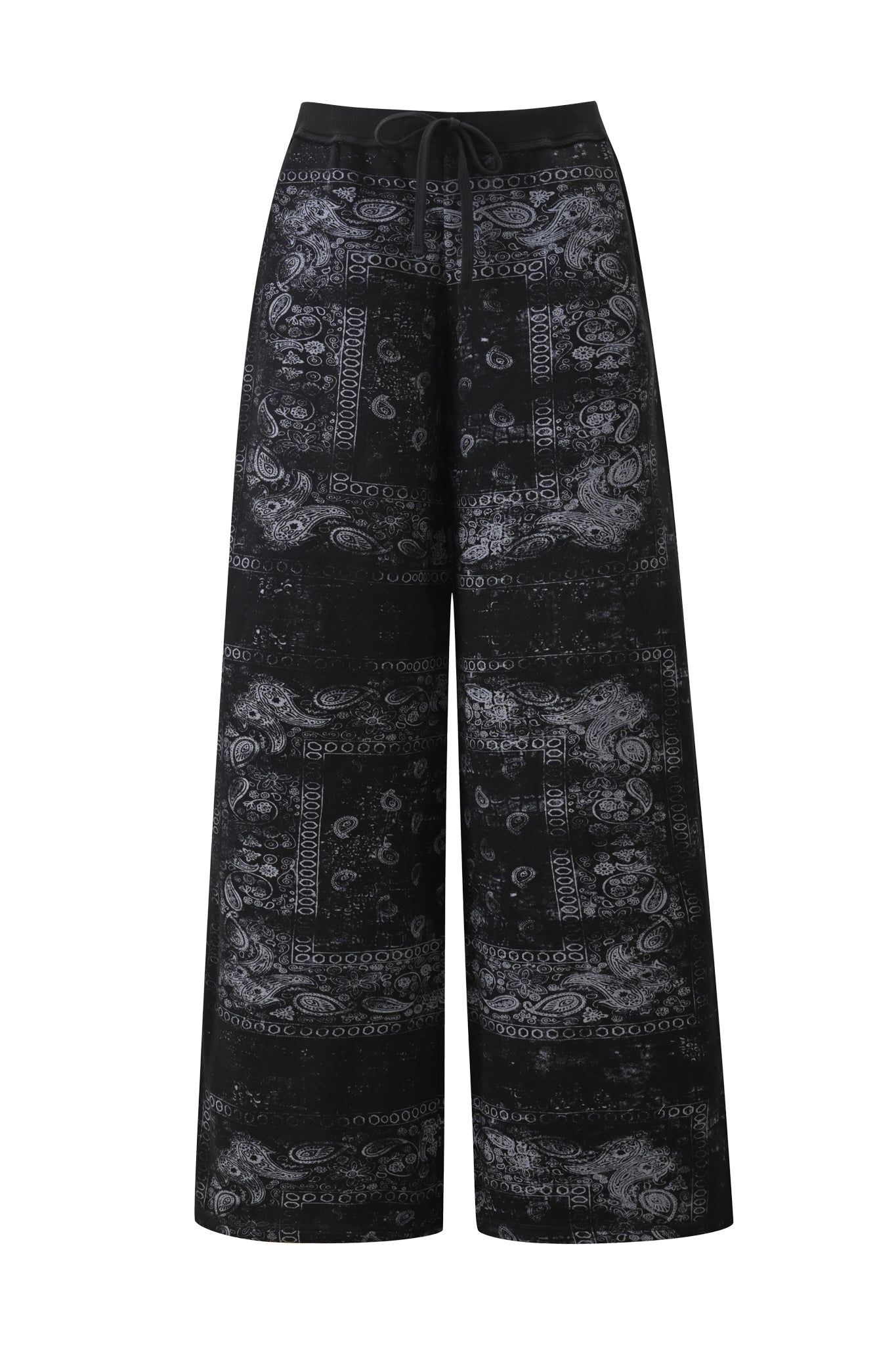Introducing the I.AM.GIA T-REX TRACKPANT - BLACK BANDANA: wide-leg trackpants with a subtle gray paisley and geometric bandana print, finished with a drawstring waistband—perfect for elevating your street style.