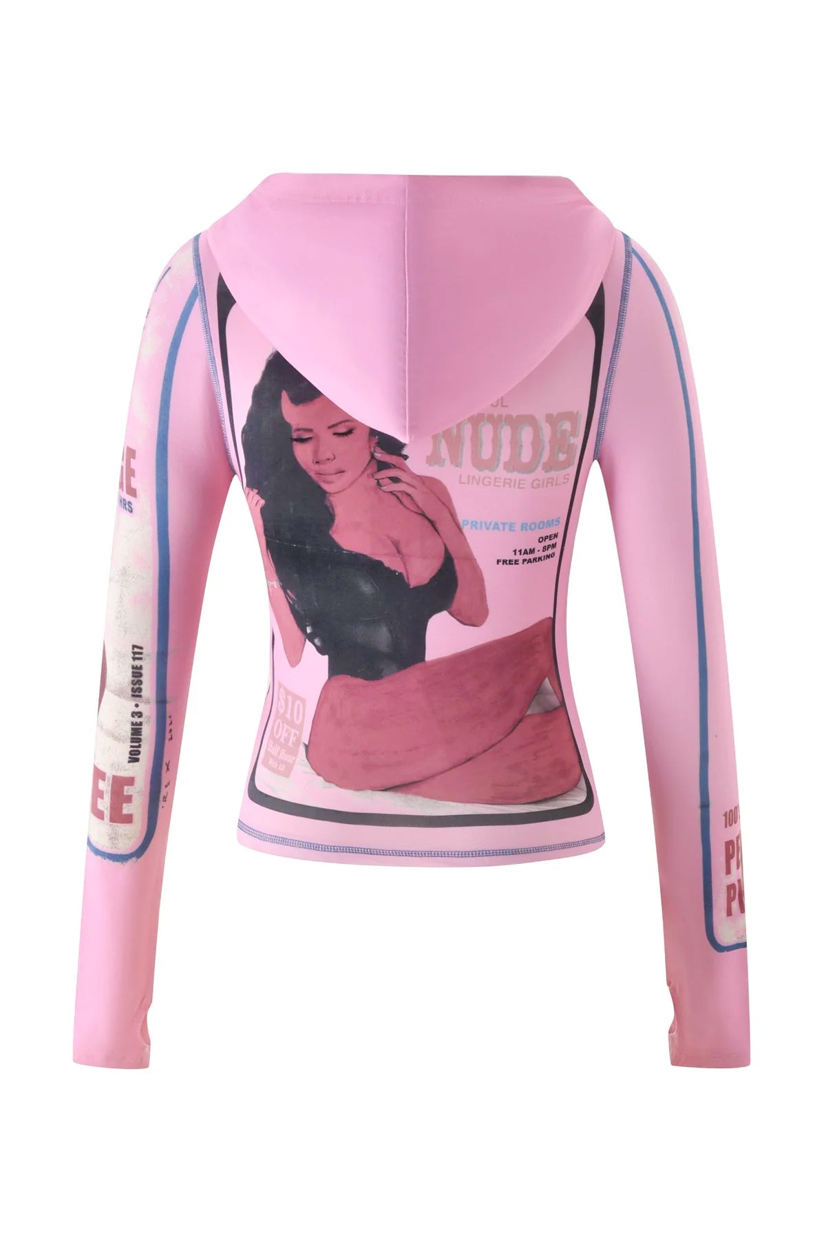 The T-REX BLARE HOODIE - PINK from I.AM.GIA is a baby pink hoodie with long sleeves, showcasing a collage-style graphic of a woman along with the words "NUDE" and "PRIVATE ROOM" on the back and arms. This piece adds an edgy twist to your casual wardrobe.