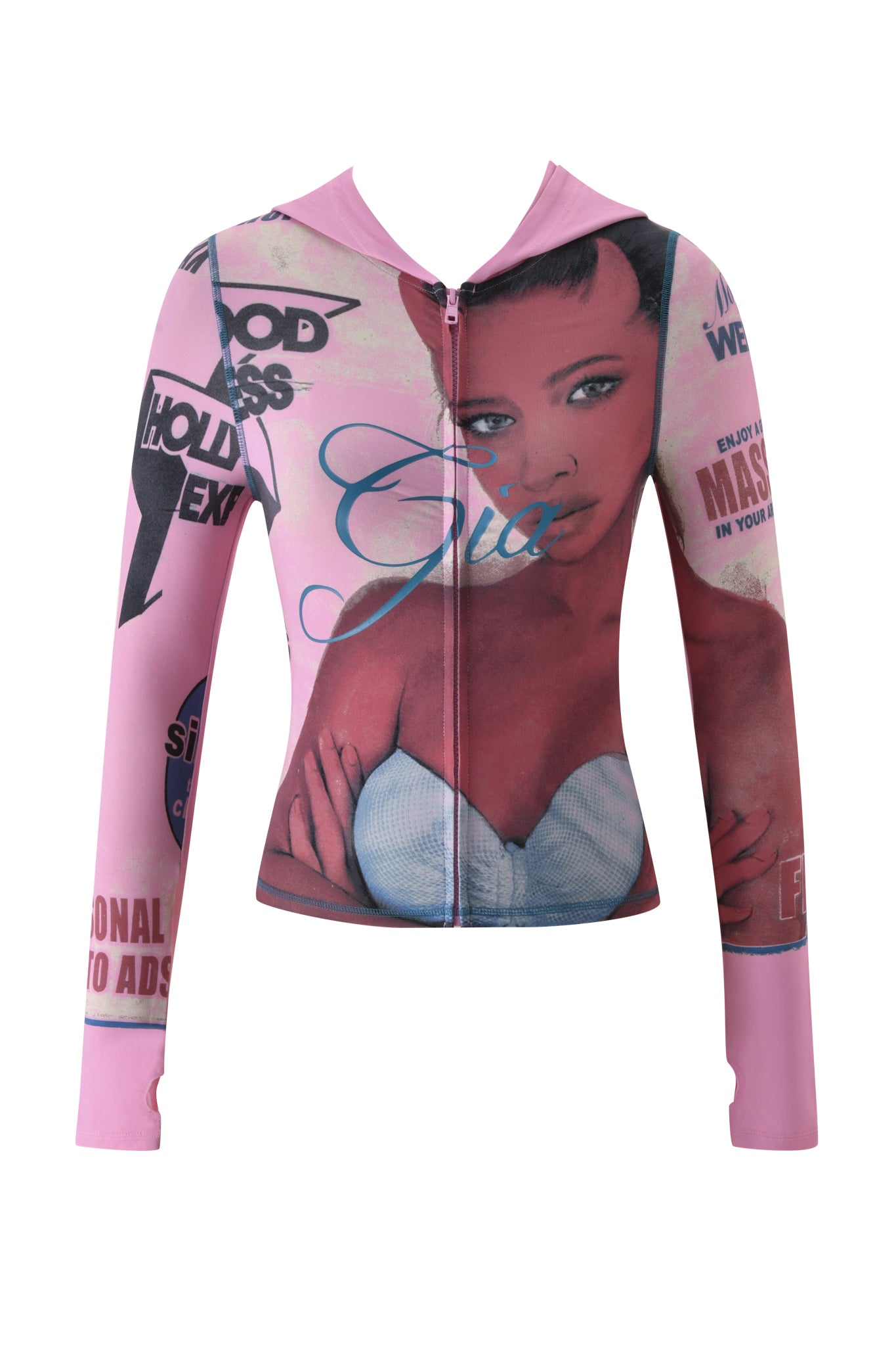 The I.AM.GIA T-REX BLARE HOODIE - PINK is a baby pink hoodie showcasing a large printed graphic of a woman's face, blue "Gia" text, and various black and red retro-style magazine elements.