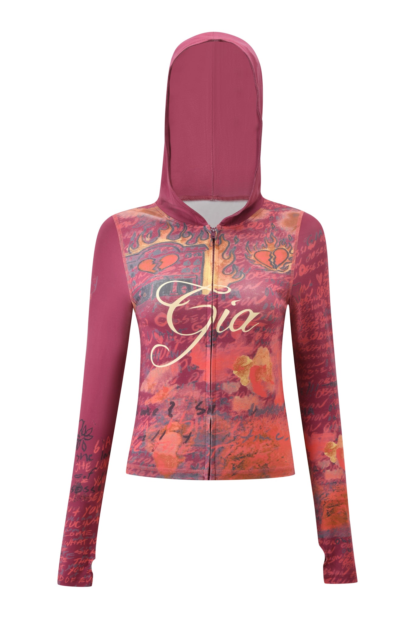 A red zip-up hooded jacket with "T-REX BLARE" branding, the I.AM.GIA hoodie features an artistic, abstract pattern and long sleeves.