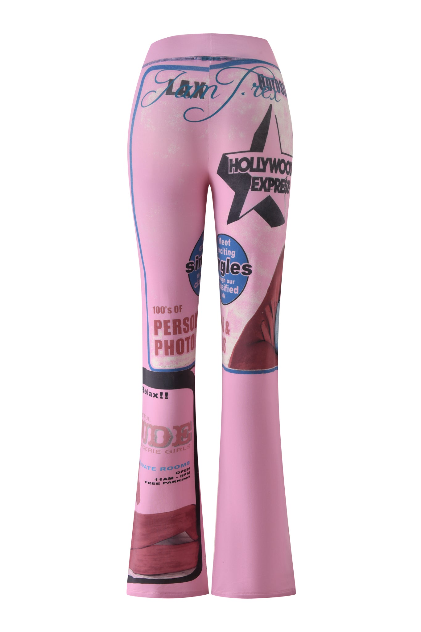 The I.AM.GIA T-REX BLARE TRACKPANT - PINK is a pair of high-waisted, flared pants featuring a wide elastic waistband and adorned with vintage-inspired graphics and text—including Hollywood star motifs, pink T-REX prints, and photo ad designs—printed throughout the fabric.