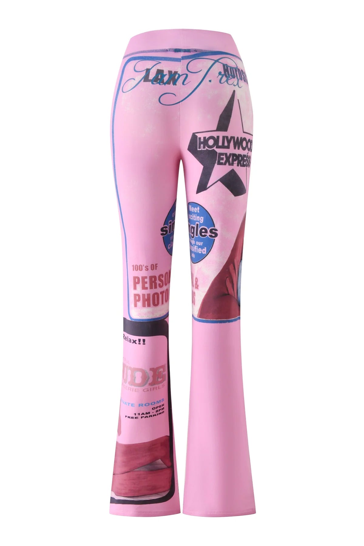 The T-REX BLARE TRACKPANT - PINK by I.AM.GIA showcases a bold full-length pink flared silhouette, featuring the brand's signature T-REX print adorned with vibrant blue, purple, and red graphics and text—such as a large star, “Hollywood Express,” and other retro-inspired magazine-style motifs—across the entire back.