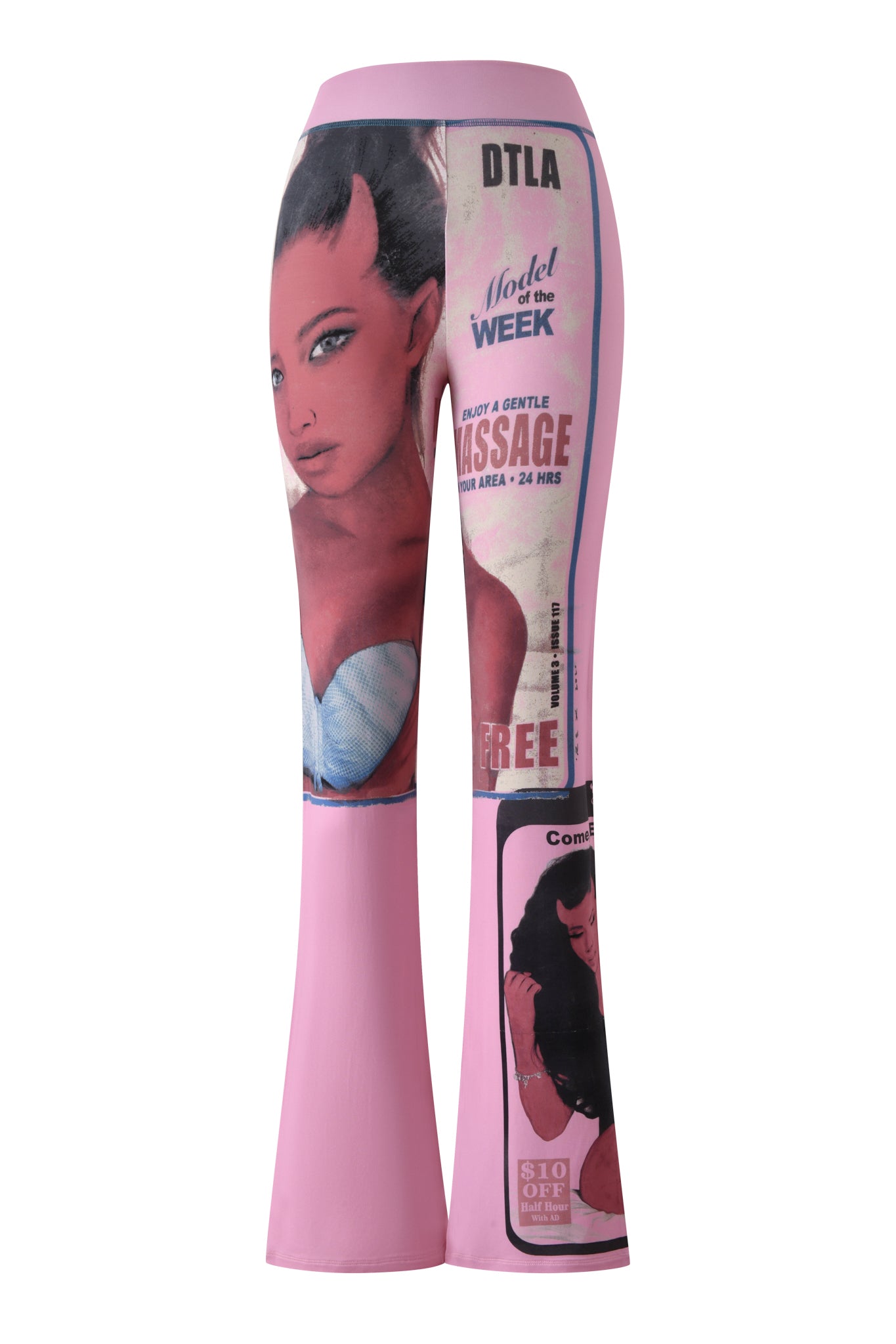 The T-REX BLARE TRACKPANT - PINK by I.AM.GIA features flared legs, a wide elastic waistband, and bold vintage-inspired prints of women and advertisement phrases such as "Model of the Week" and "DTLA Massage," creating a striking, retro collage effect in a vibrant pink color.