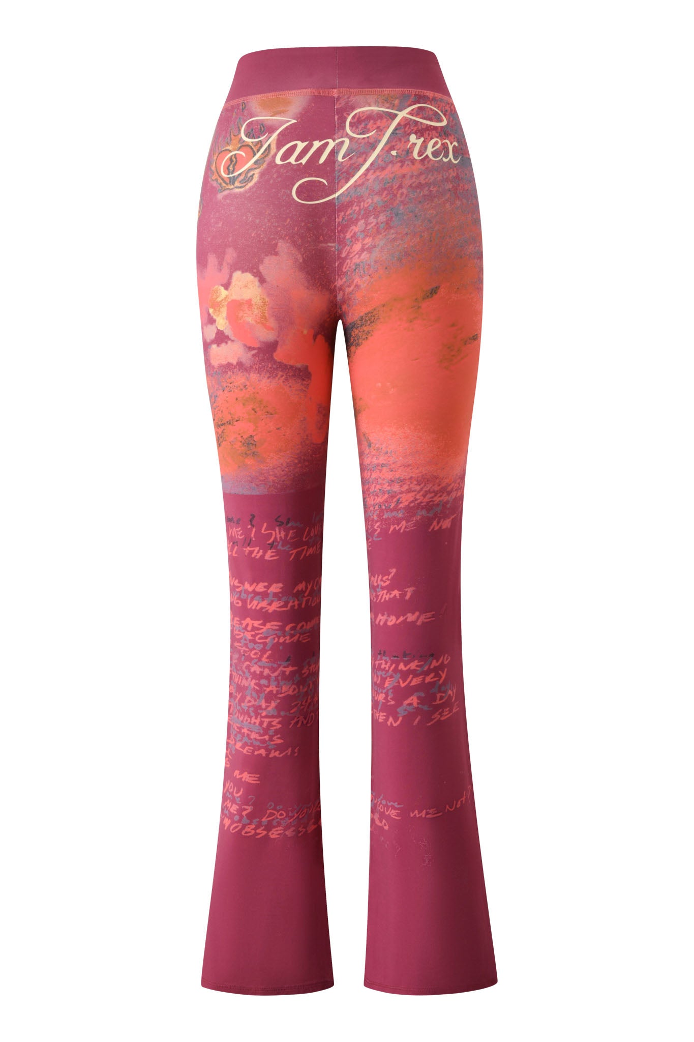 Introducing the I.AM.GIA T-REX BLARE TRACKPANT - RED: these vibrant pink and red flared trackpants are adorned with handwritten white text and abstract, artistic floral patterns. The decorative script "JamTrxx" is featured near the wide elastic waistband, complemented by bold T-REX red print accents for a distinctive finishing touch.