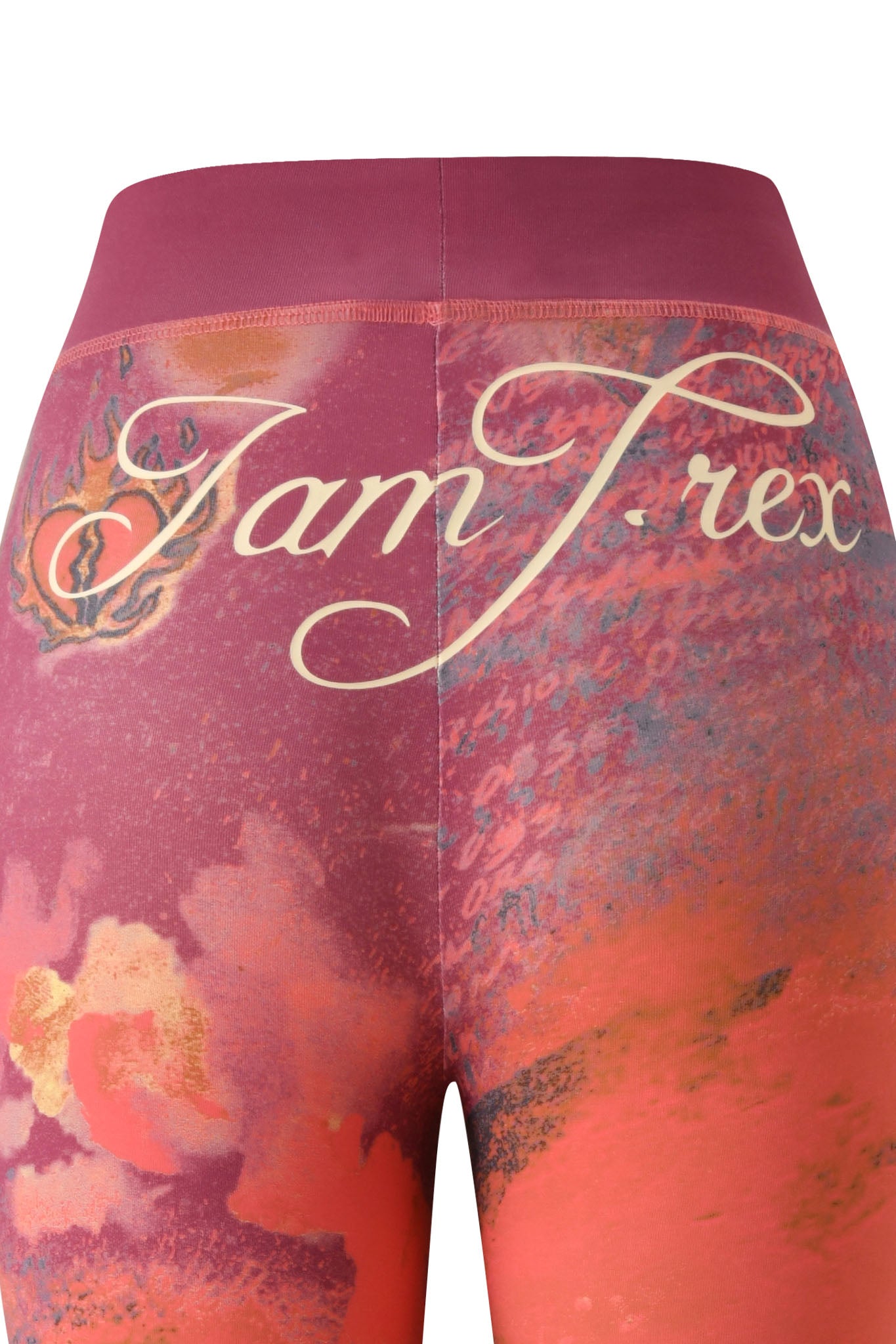 Close-up of the back of the I.AM.GIA T-REX BLARE TRACKPANT - RED, featuring a vibrant abstract T-REX red print and "Jam T. rex" elegantly scripted across the wide elastic waistband.