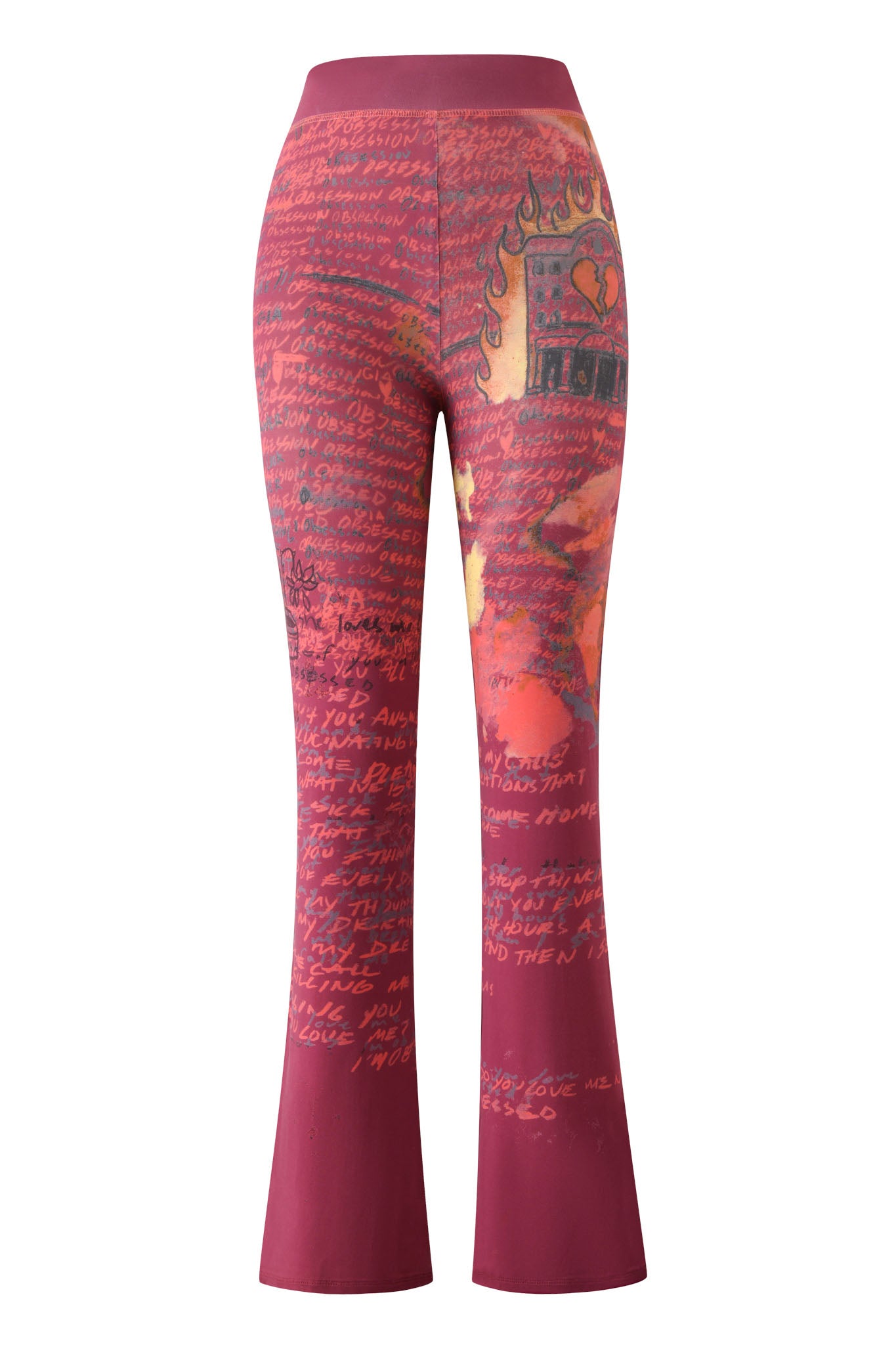 The I.AM.GIA T-REX BLARE TRACKPANT - RED features a high-waisted, flared silhouette in deep red, adorned with handwritten text and abstract art—including a striking burning building motif—printed all over. Finished with a wide elastic waistband for comfort, these bold statement pants capture the distinctive aesthetic of I.AM.GIA.