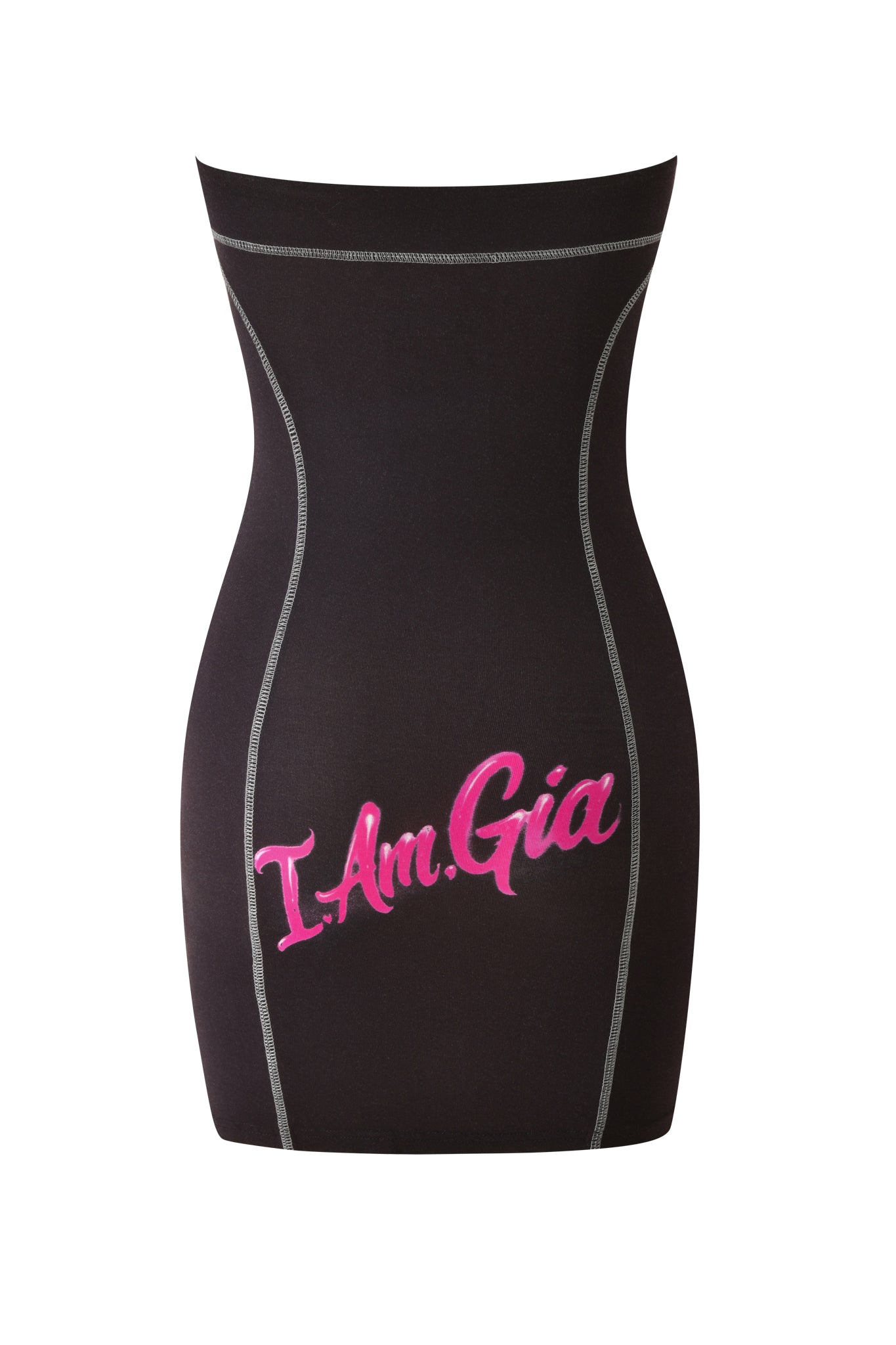 The T-REX BLARE BOOB TUBE MINI DRESS by I.AM.GIA is a black, bodycon mini dress featuring white stitching and a bold I.AM.GIA print in large pink letters across the front. The dress is shown against a crisp white background.